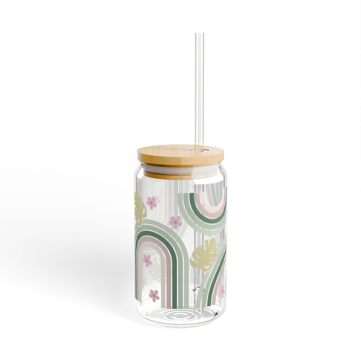 Retro In Bloom Tumbler Sipper Glass 16oz — Reusable Drink Jar with Lid & Straw