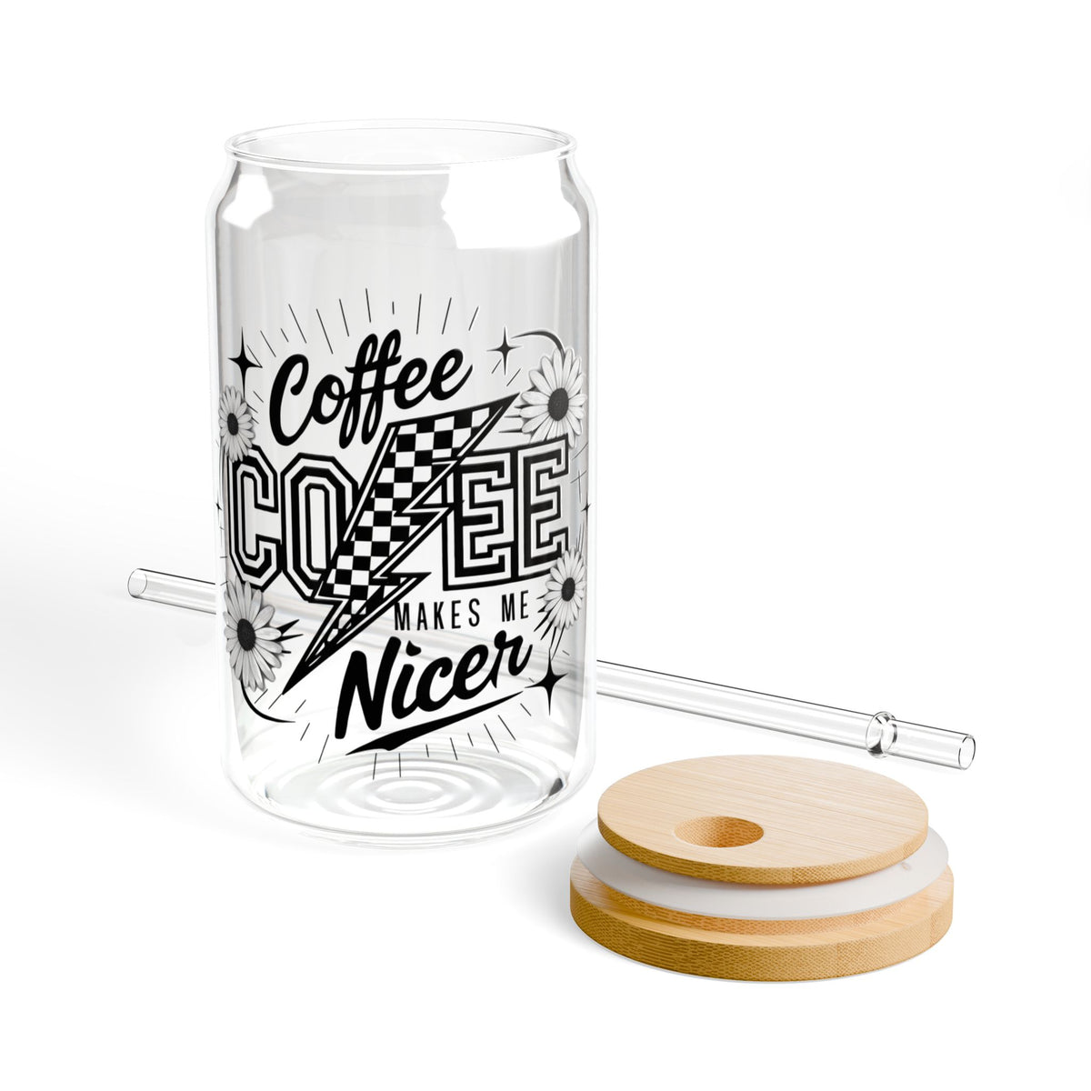 Coffee Makes Me Nicer Retro Sipper Glass 16oz Reusable Drink Jar with Lid & Straw