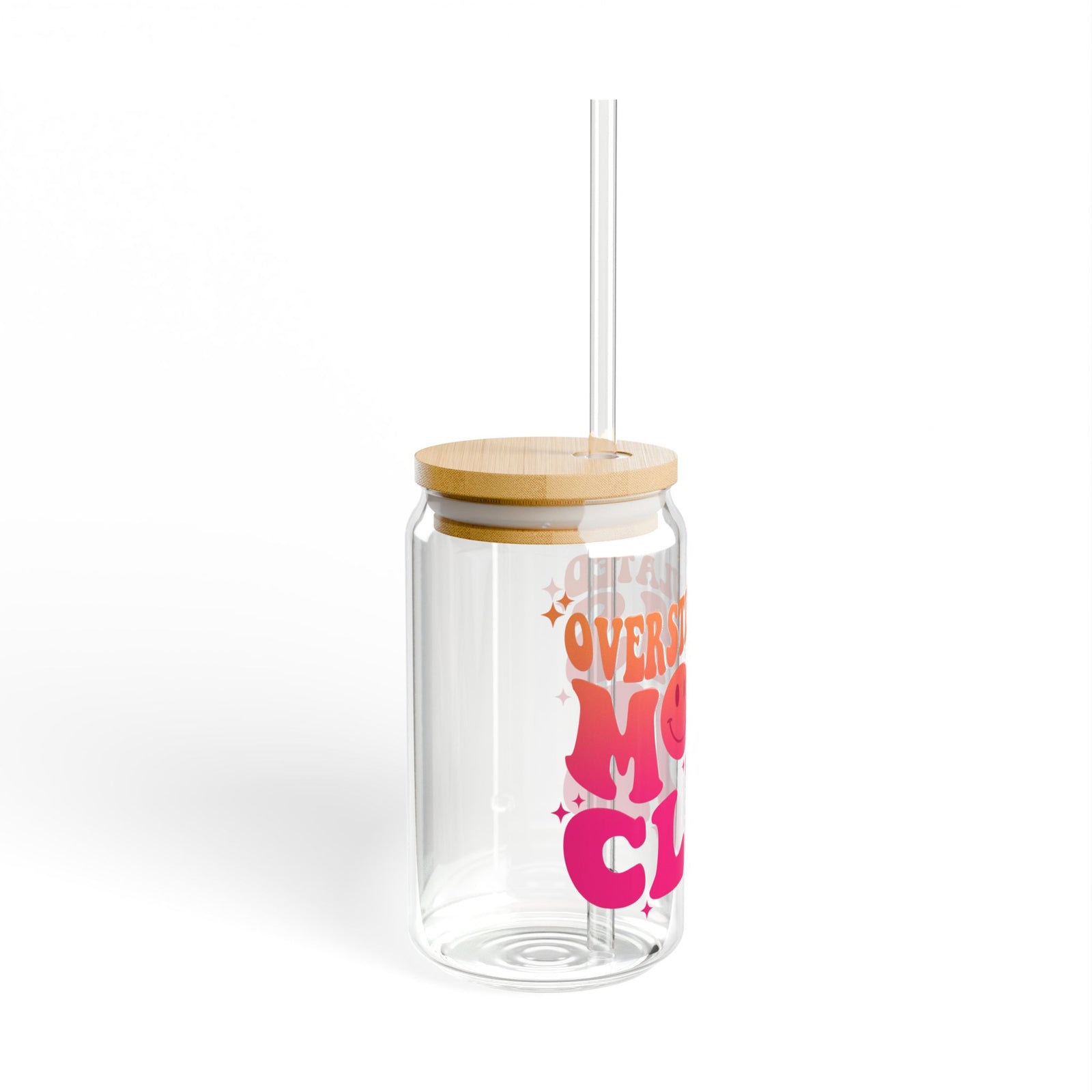 Overstimulated Moms Club Pink & Orange Sipper Glass 16oz Reusable Drink Jar with Lid & Straw
