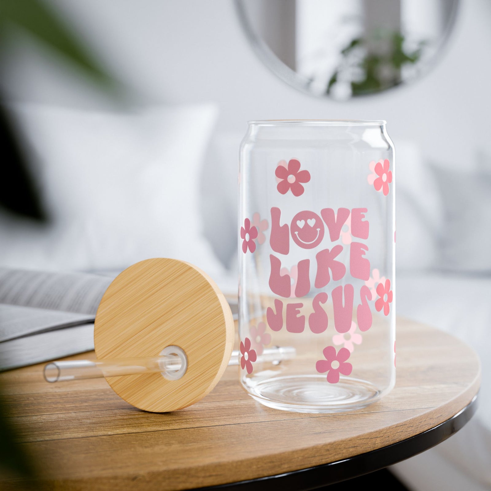 Love Like Jesus Pink Flower Floral Christian Tumbler Sipper Glass 16oz — Reusable Drink Jar with Lid & Straw