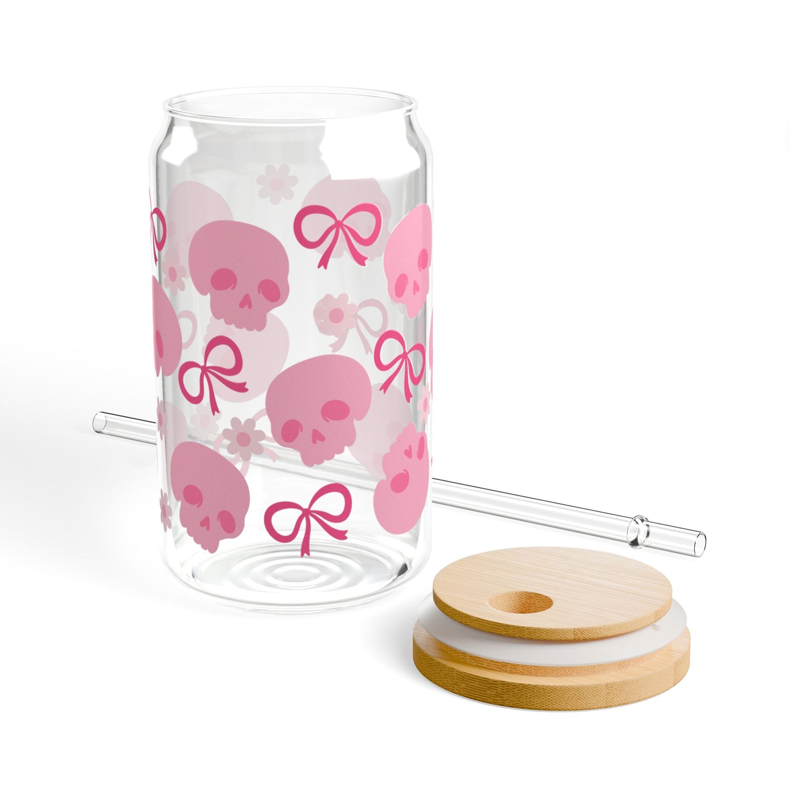 Girly Pink Skull Halloween Sipper Glass 16oz Reusable Drink Jar with Lid & Straw