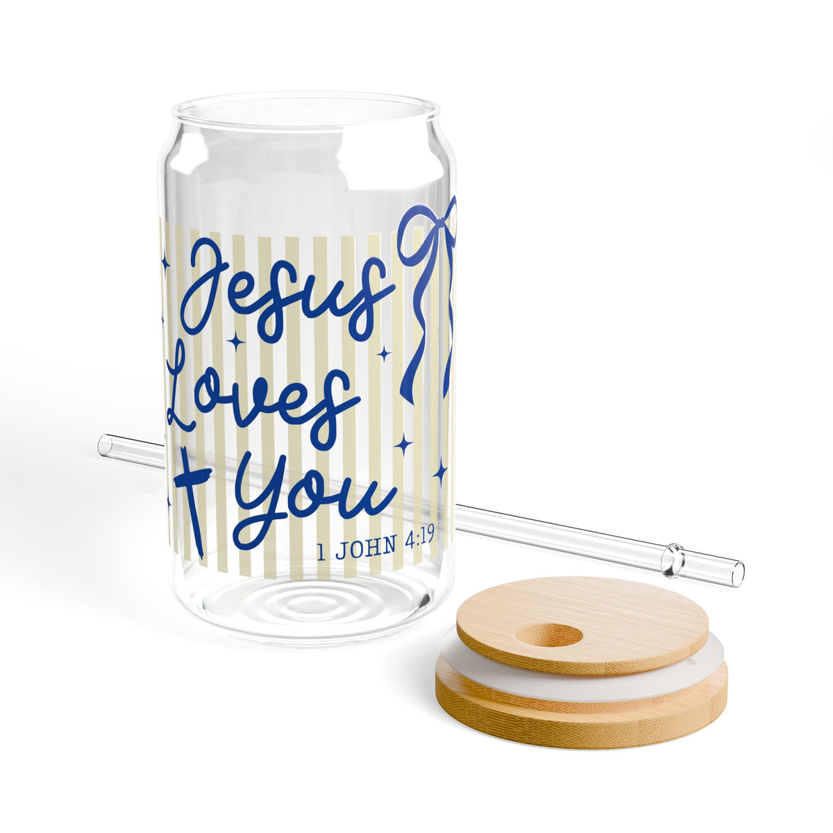 Jesus Loves You Sipper Glass Sipper Glass 16oz Reusable Drink Jar with Lid & Straw