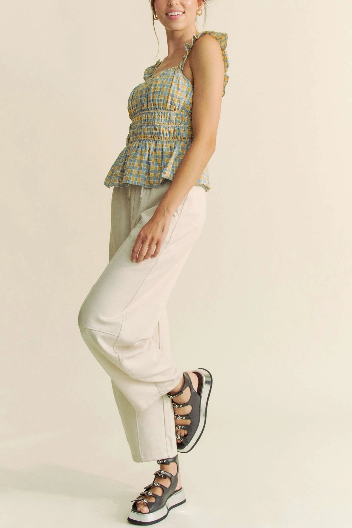 Davi & Dani Plaid Ruffled Strap Smocked Sleeveless Top - Sydney So Sweet