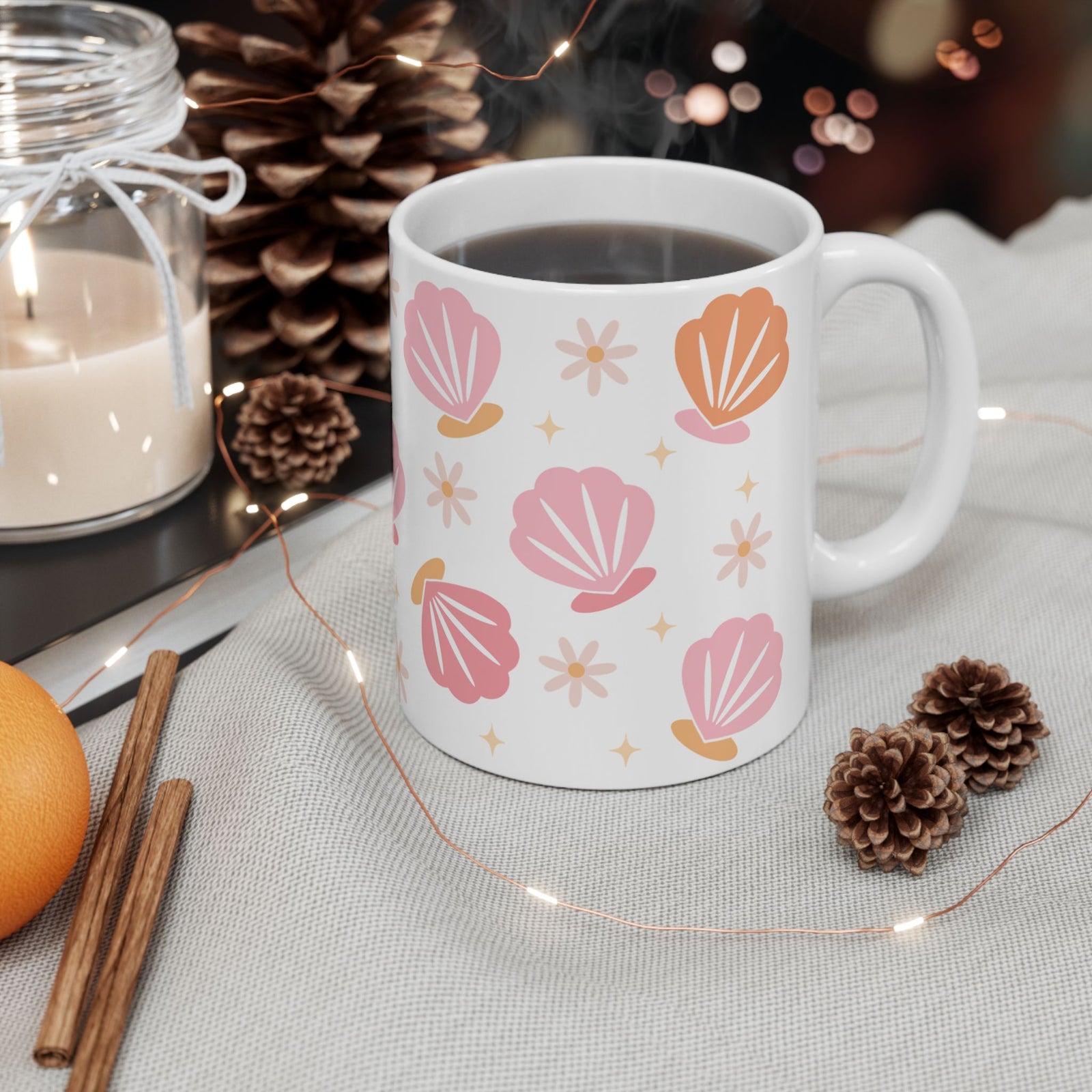 Sea Shell Pattern Ceramic Mug — Pink & Peach Seashell Coffee Cup (11oz/15oz)