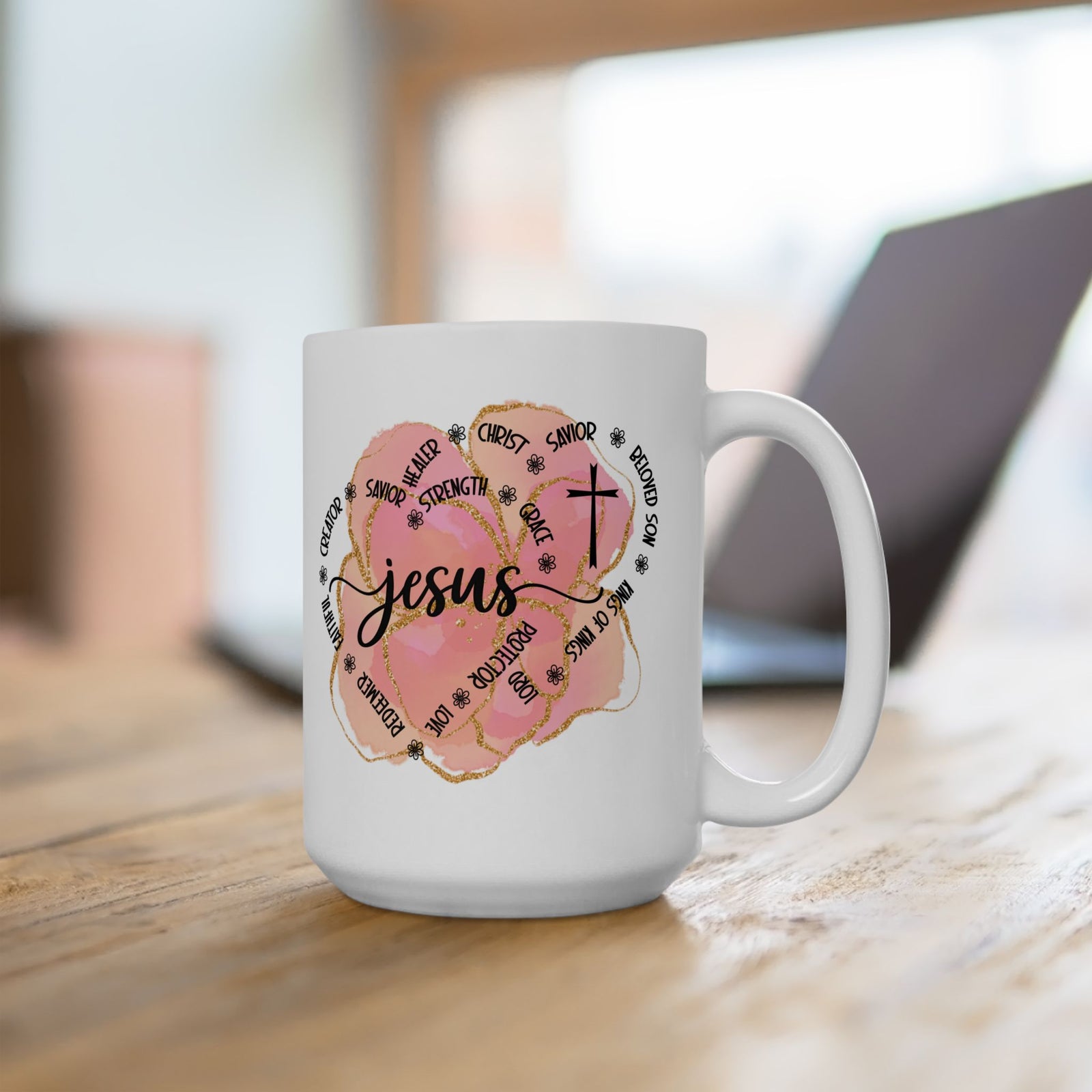 Jesus Strength & Grace Ceramic Mug — Pink Watercolor Cross Inspirational Coffee Cup (11oz/15oz) - Sydney So Sweet