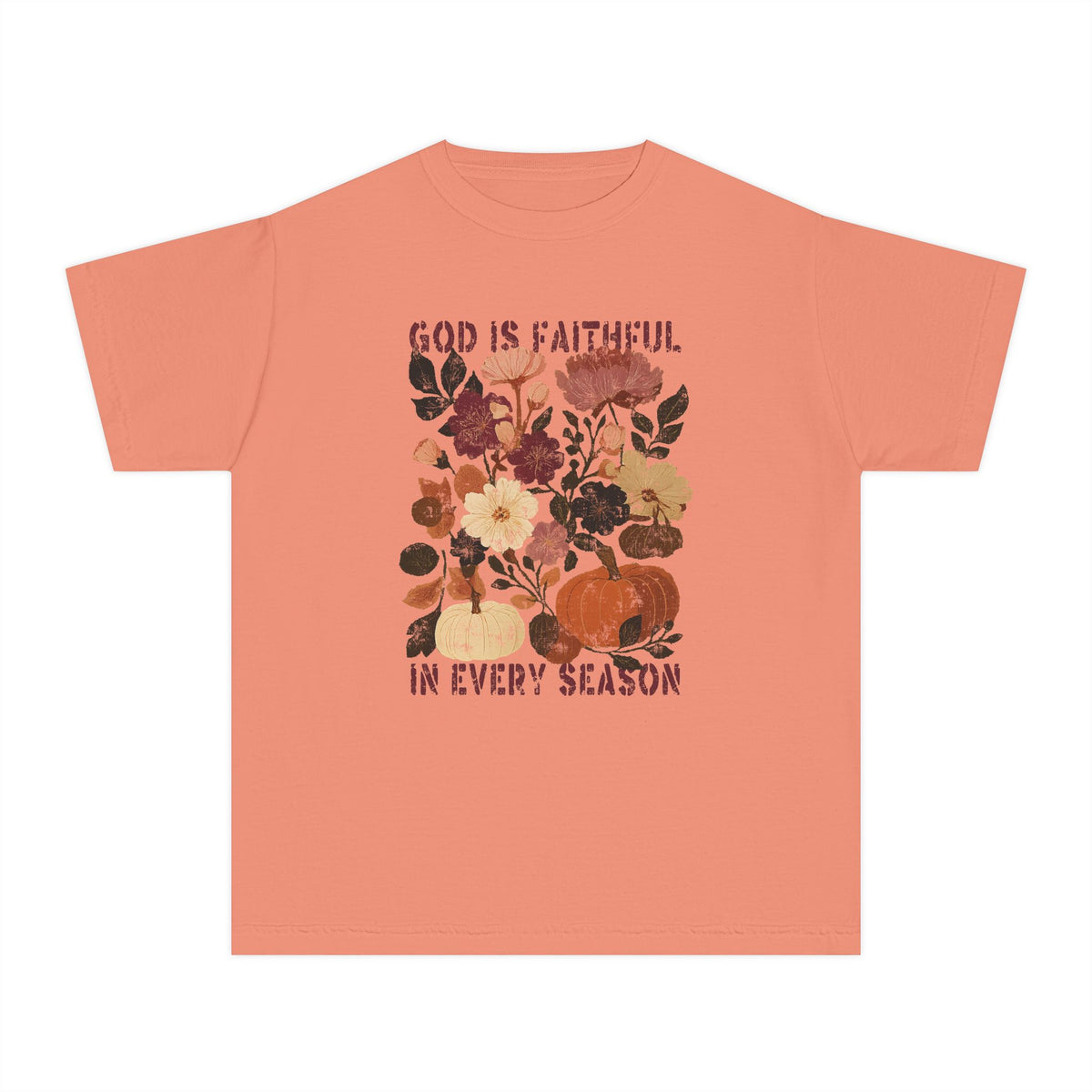God is Faithful Floral Pumpkin T-Shirt Christian Distressed Fall Kids Graphic Tee
