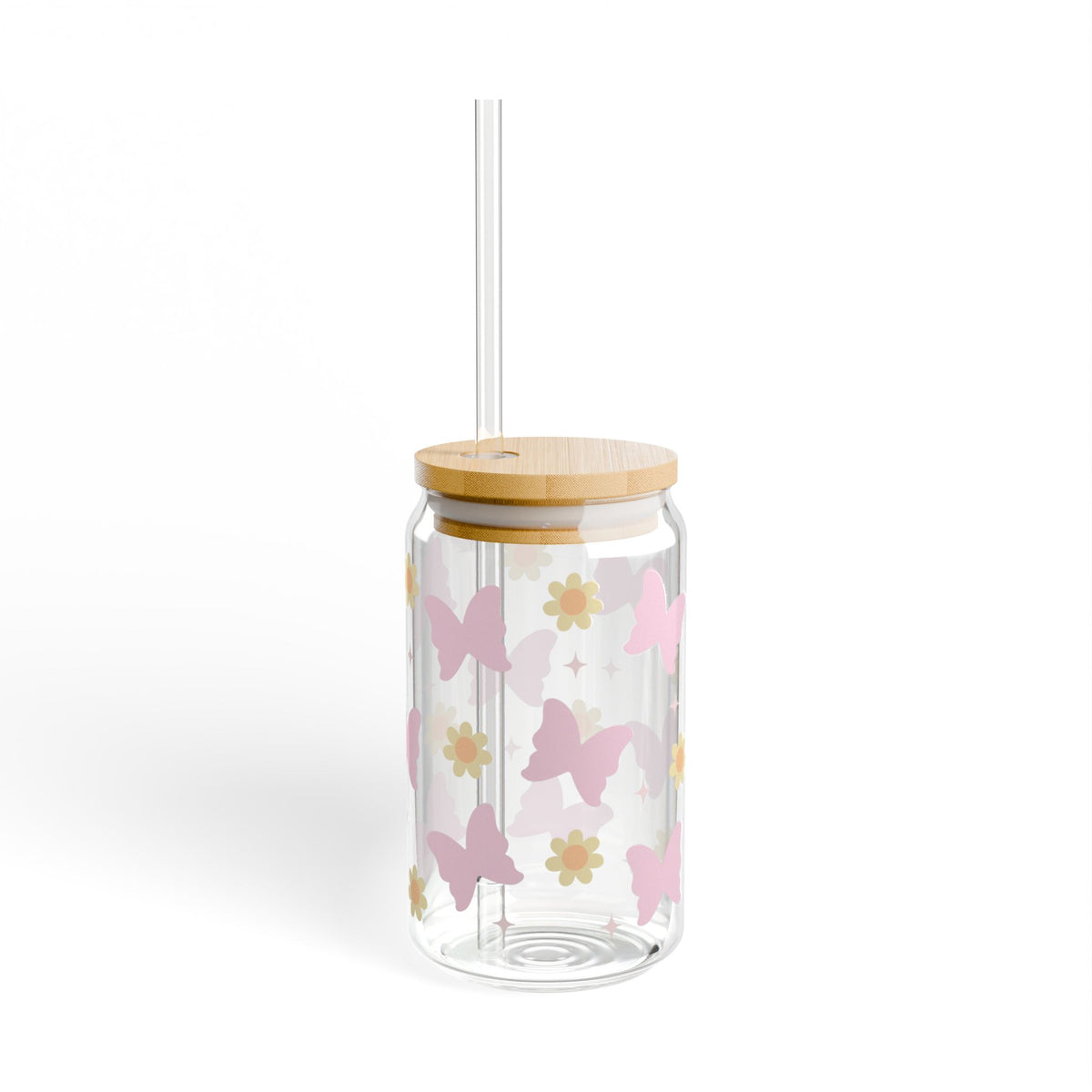 Boho Butterfly & Floral Sipper Glass 16oz — Reusable Drink Jar with Lid & Straw