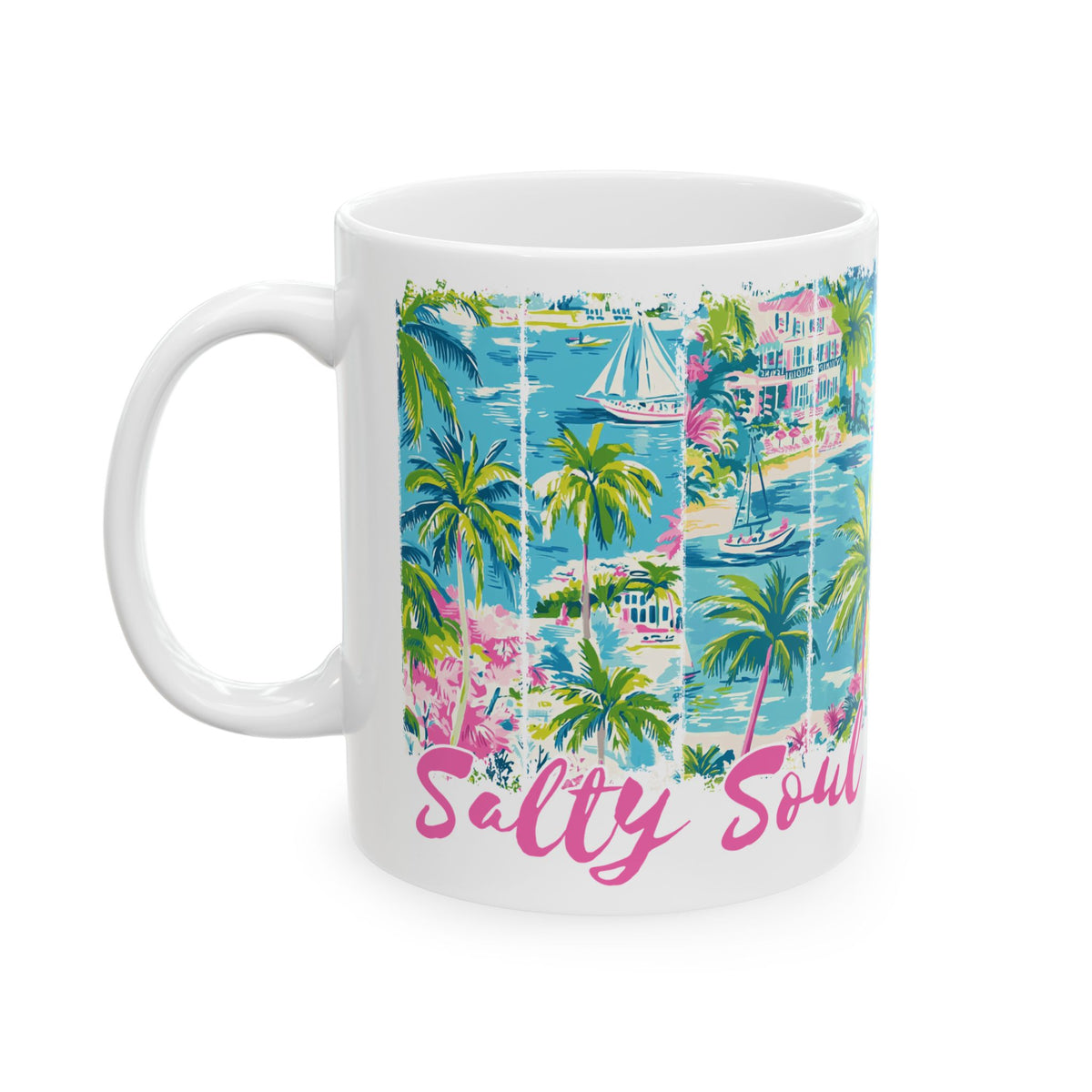 Salty Soul Beachy Palm Print Cute Ceramic Mug Coffee Cup (11oz & 15oz)