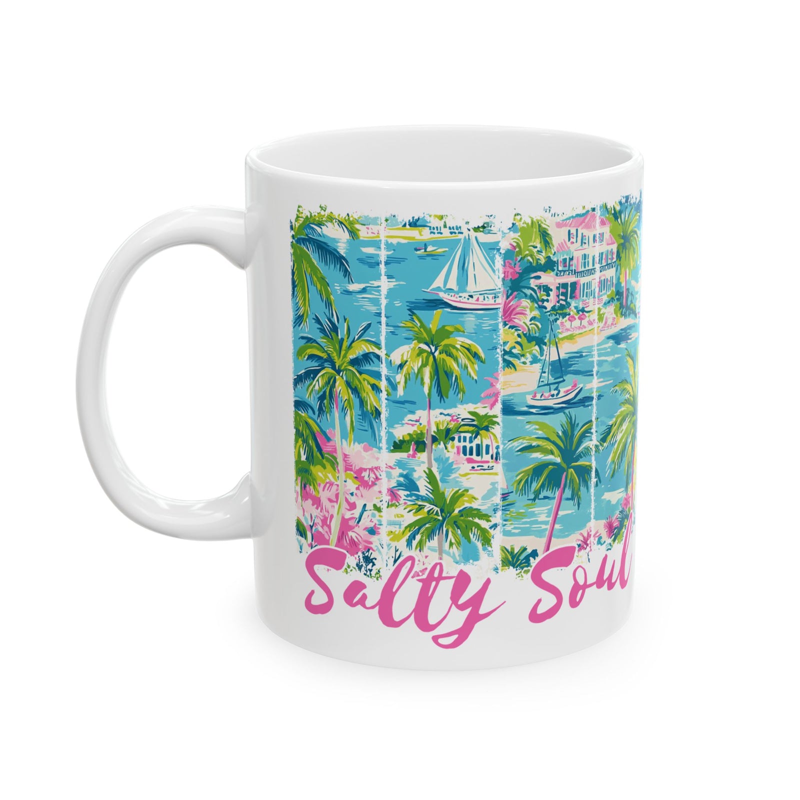 Salty Soul Beachy Palm Print Cute Ceramic Mug Coffee Cup (11oz & 15oz)