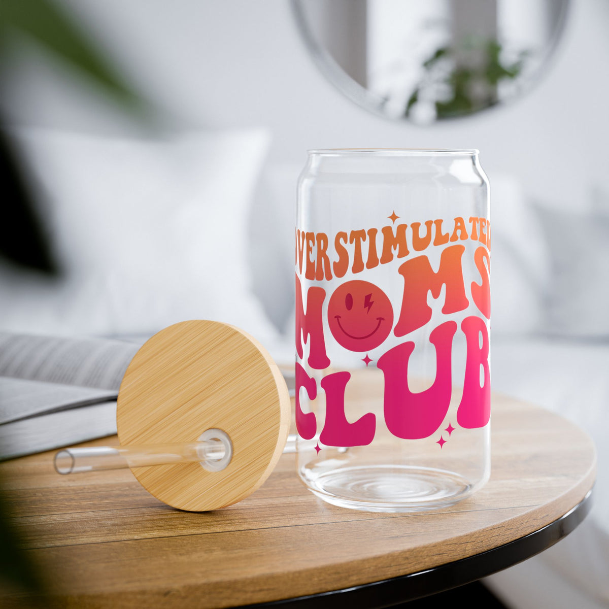 Overstimulated Moms Club Pink & Orange Sipper Glass 16oz Reusable Drink Jar with Lid & Straw