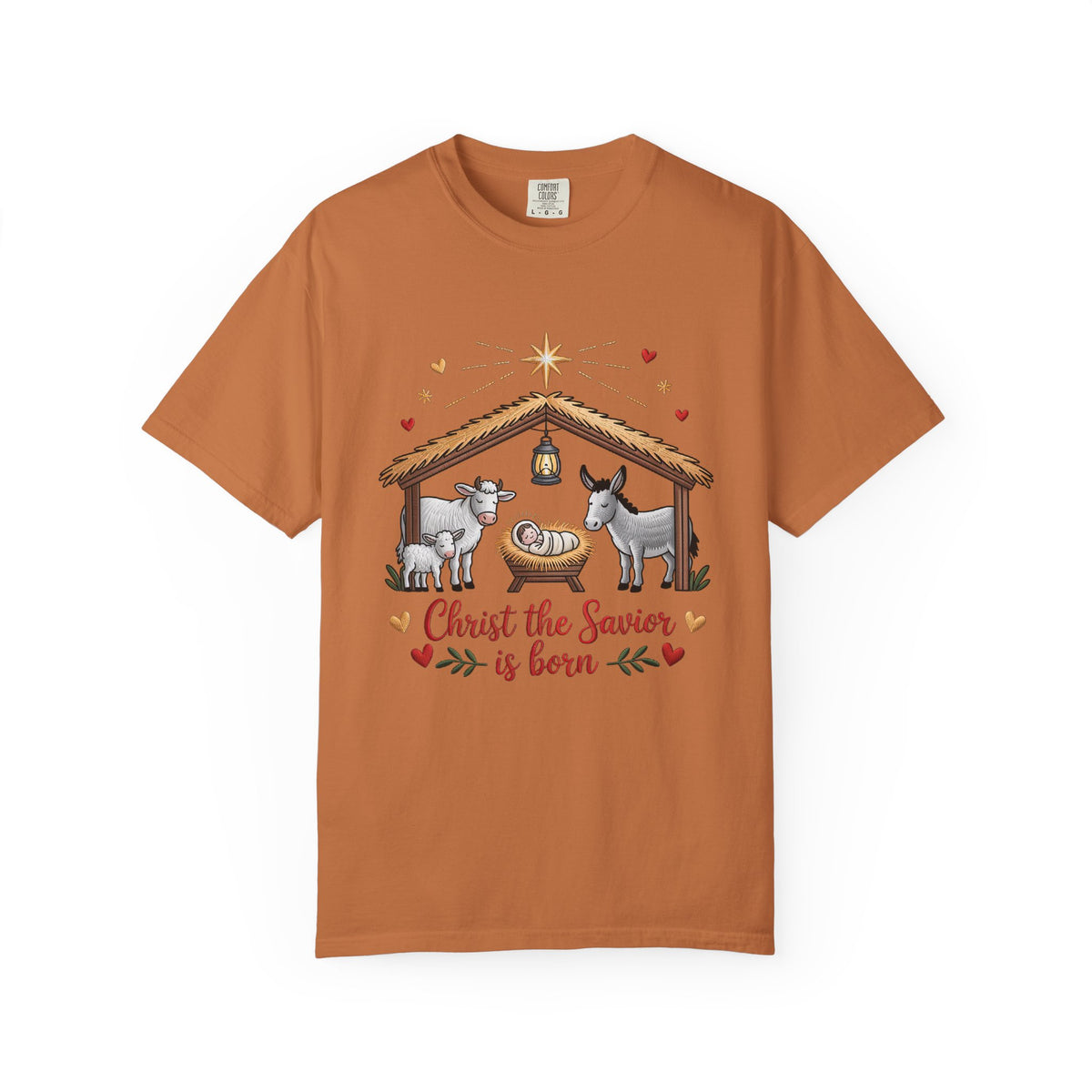 Christ the Savior is Born Faux Embroidery T-Shirt Nativity Scene Graphic Tee