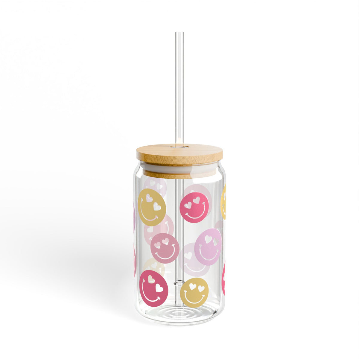 Heart Eyes Smiley Face Tumbler Sipper Glass 16oz — Reusable Drink Jar with Lid & Straw
