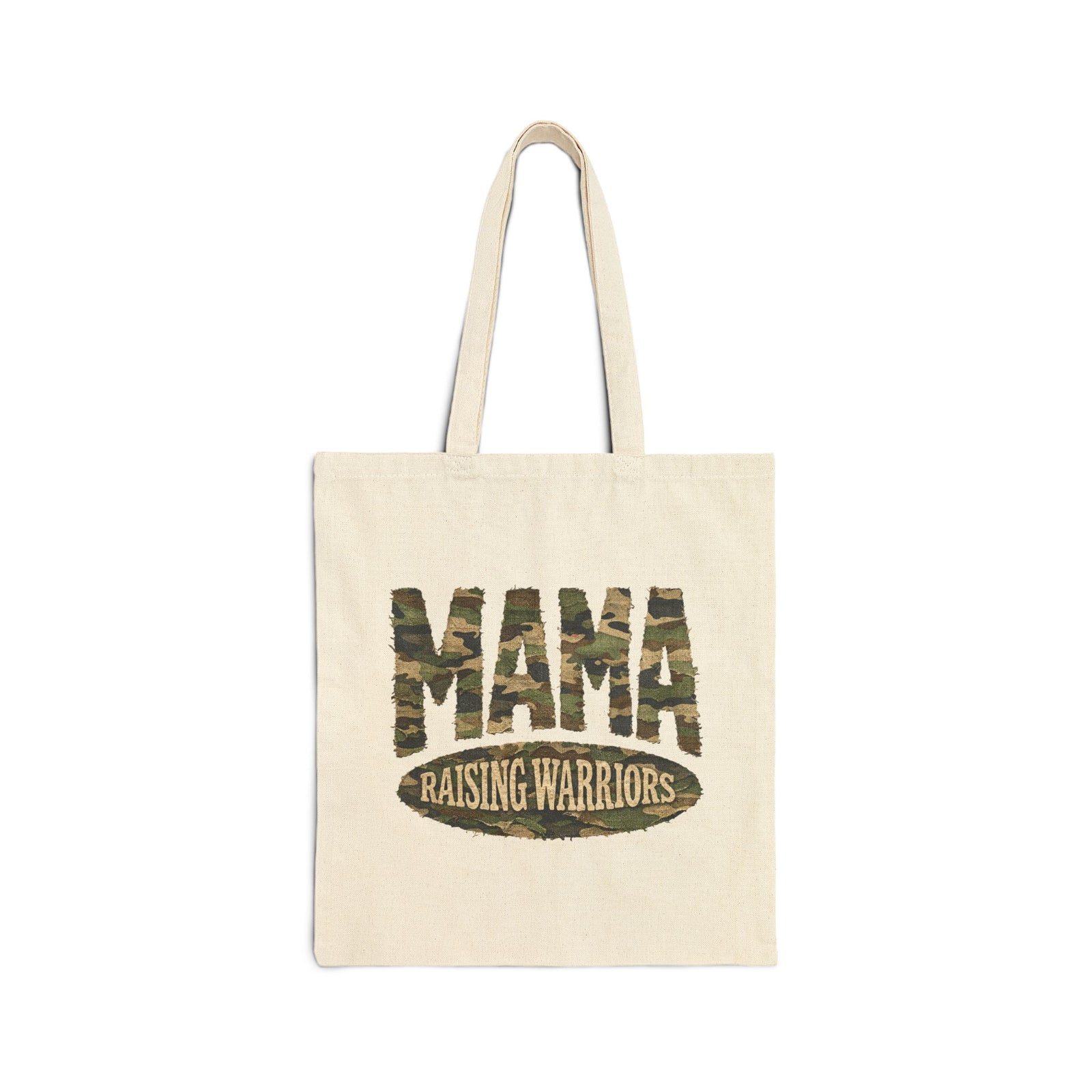 Mama Raising Warriors Camo Cotton Canvas Christian Mom Tote Bag