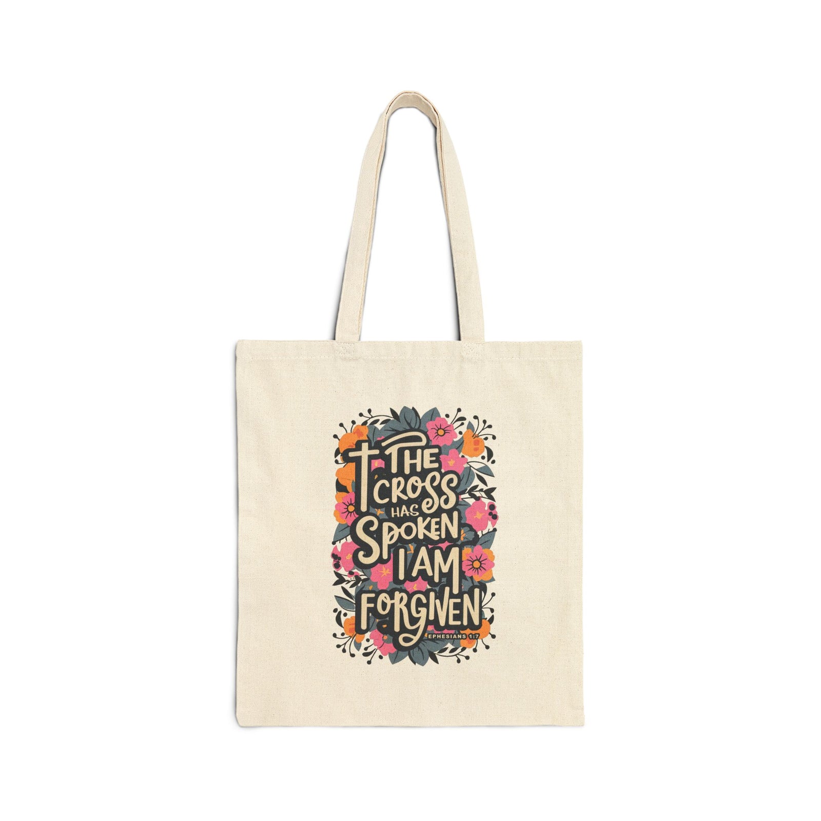 The Cross Has Spoken I Am Forgiven Cotton Canvas Floral Christian Tote Bag