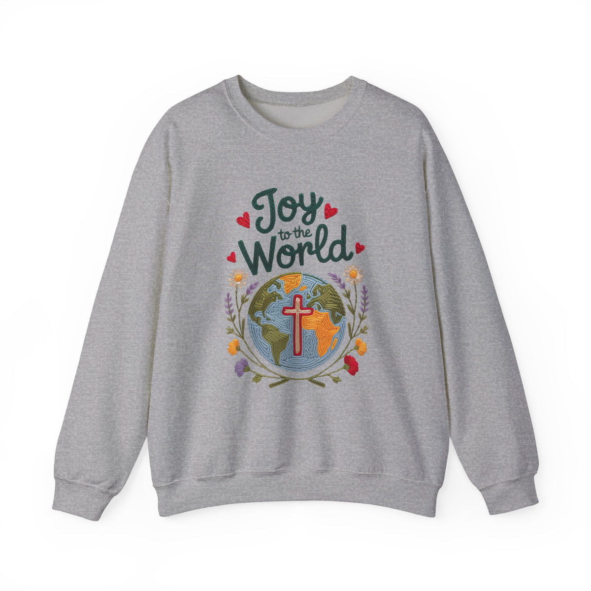 Joy to the World Faux Embroidery Christmas World & Cross Crewneck Unisex Sweatshirt