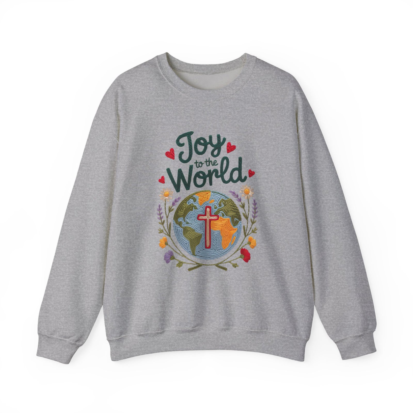 Joy to the World Faux Embroidery Christmas World & Cross Crewneck Unisex Sweatshirt