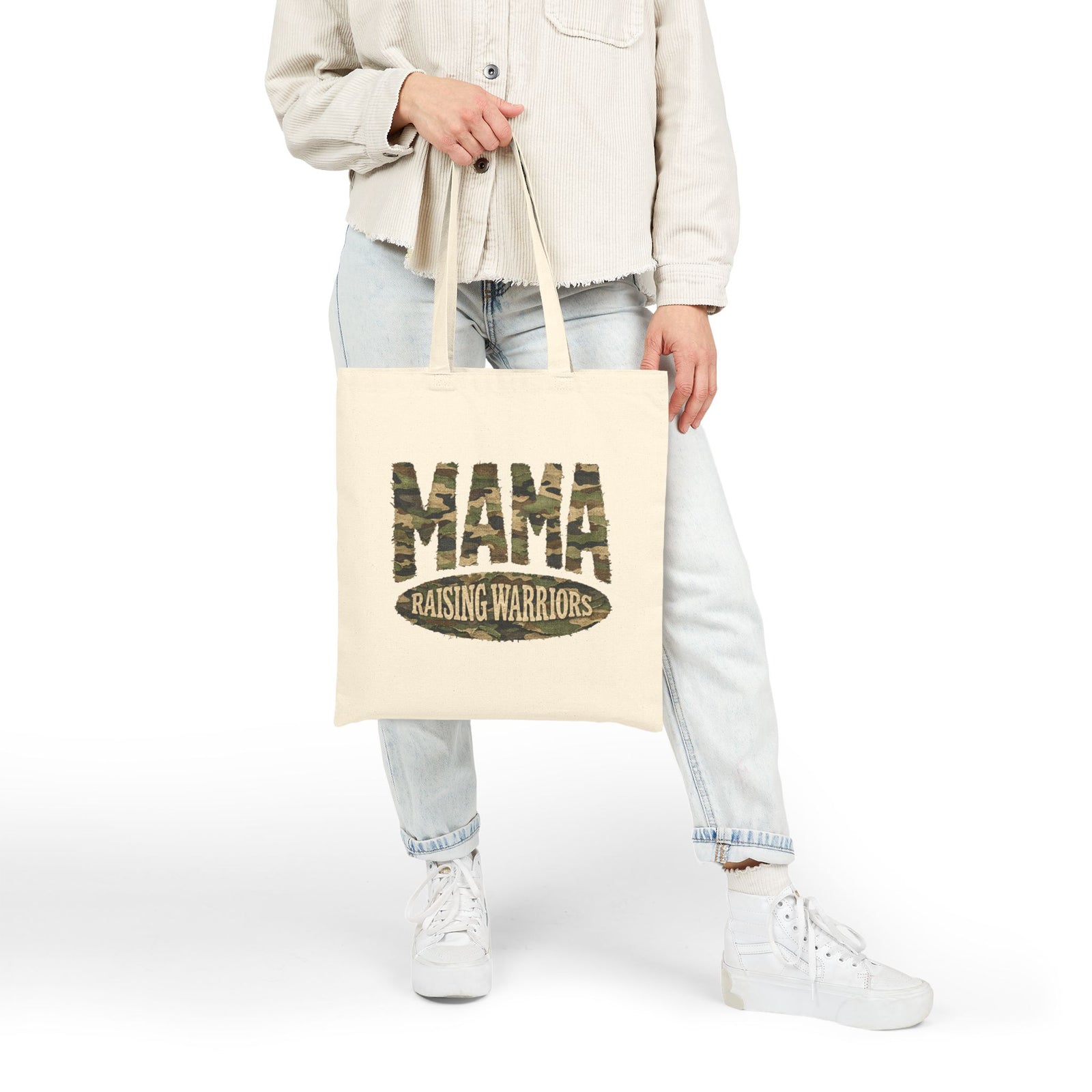 Mama Raising Warriors Camo Cotton Canvas Christian Mom Tote Bag