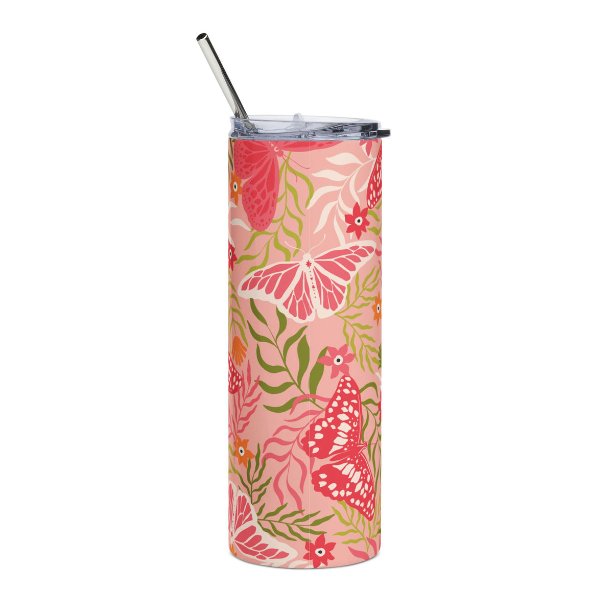 Pink Garden Butterfly 20oz  Stainless Steel Tumbler Travel Cup