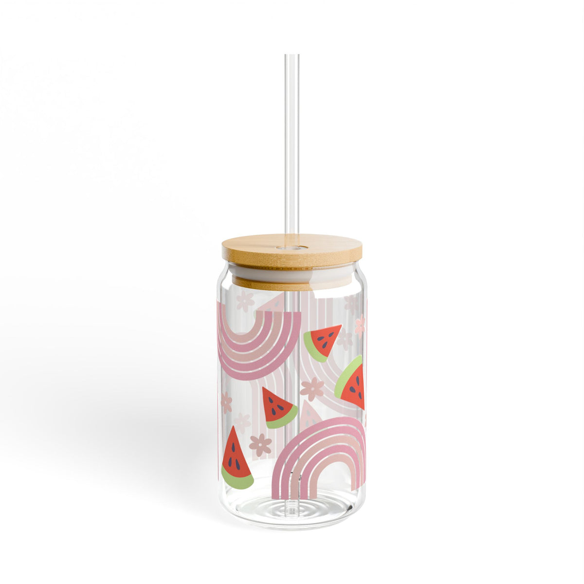 Watermelon Rainbow Tumbler Sipper Glass 16oz — Reusable Drink Jar with Lid & Straw