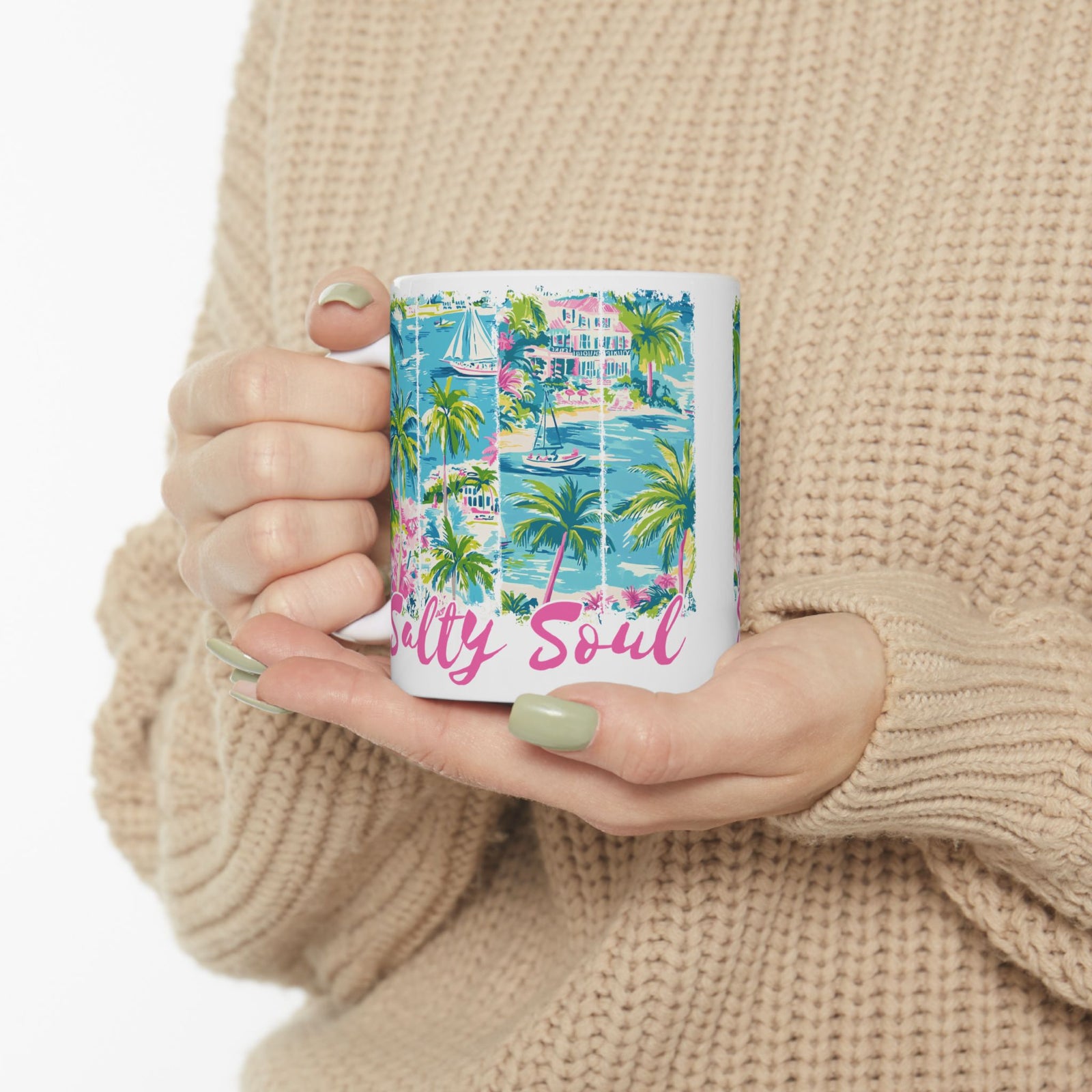 Salty Soul Beachy Palm Print Cute Ceramic Mug Coffee Cup (11oz & 15oz)