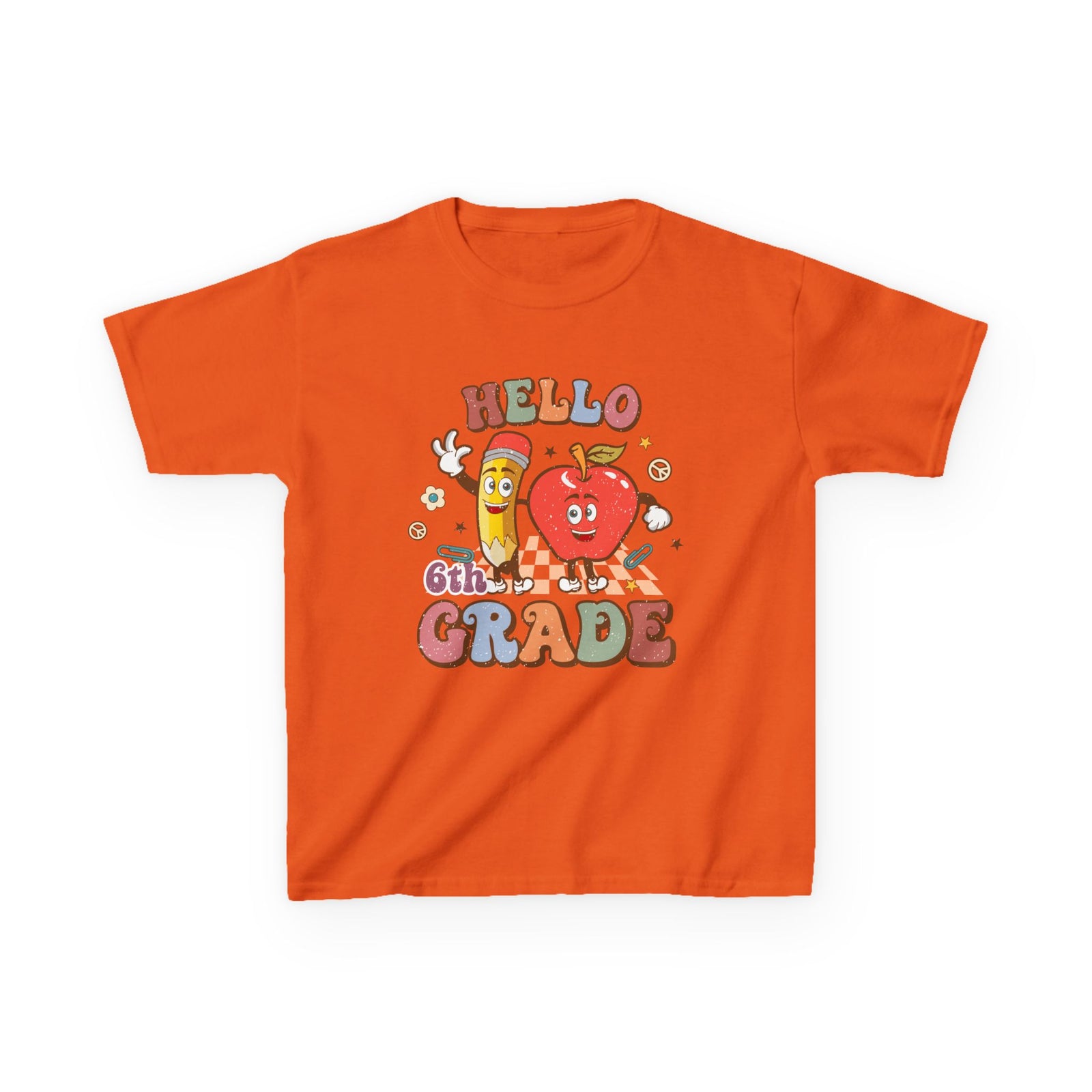 Hello 6th Grade Cute Apple & Pencil Graphic Tee Back-to-School Sixth Grade Kids T-Shirt