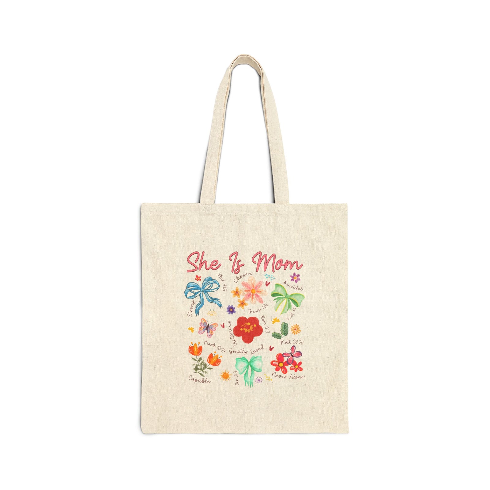 She Is Mom Floral Christian Women's Cotton Canvas Tote Bag