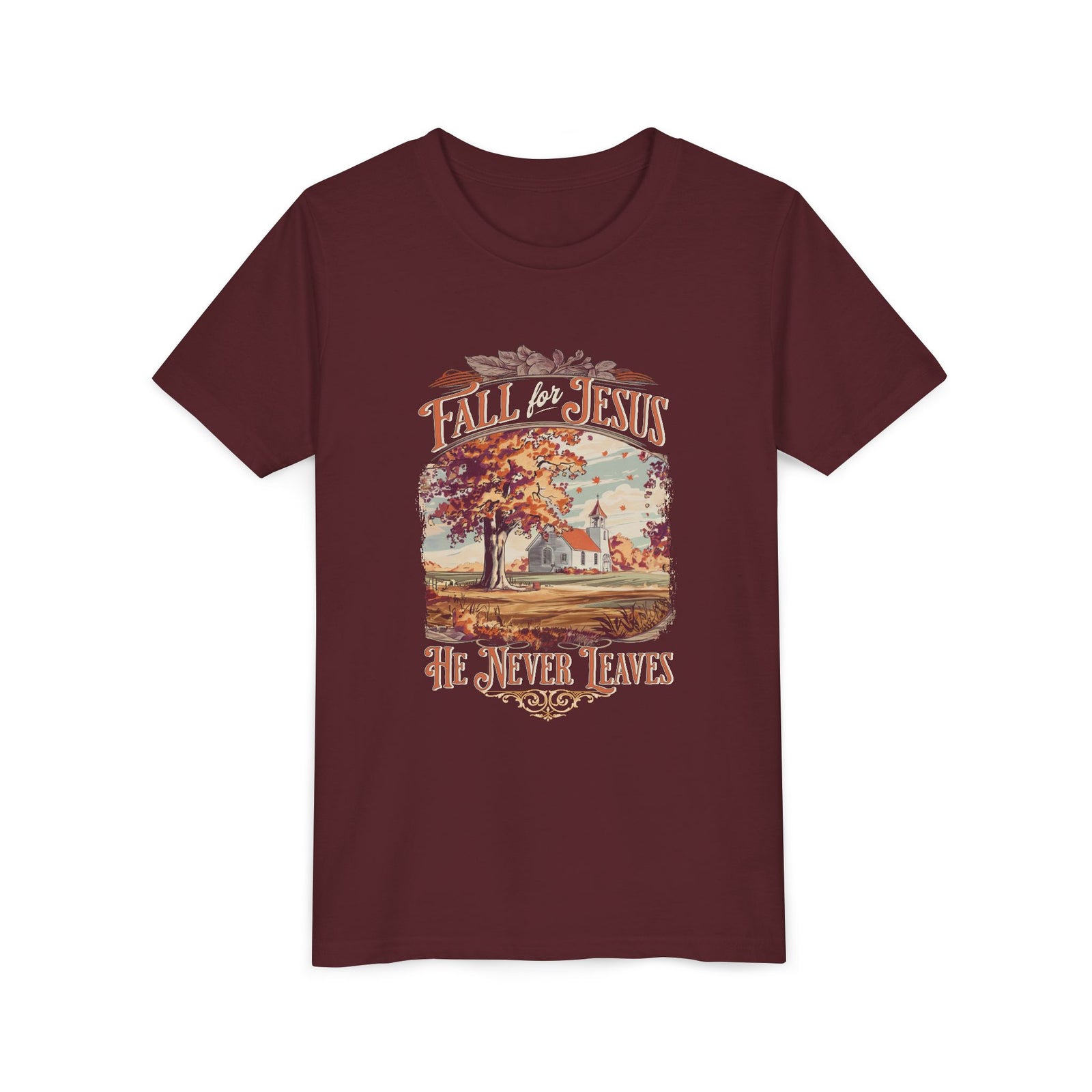 Fall for Jesus Kids T-Shirt He Never Leaves Youth Christian Graphic Tee