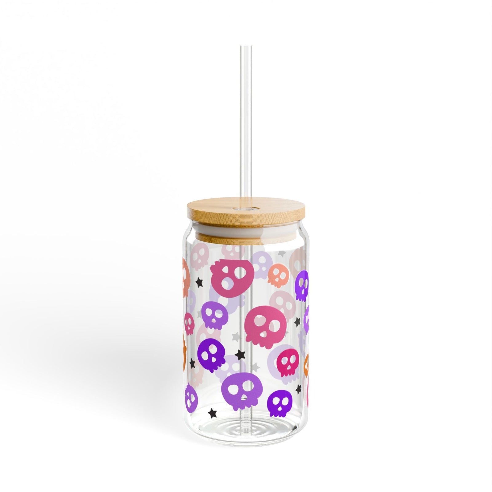 Spooky Bright Skulls Halloween Sipper Glass 16oz Reusable Drink Jar with Lid & Straw