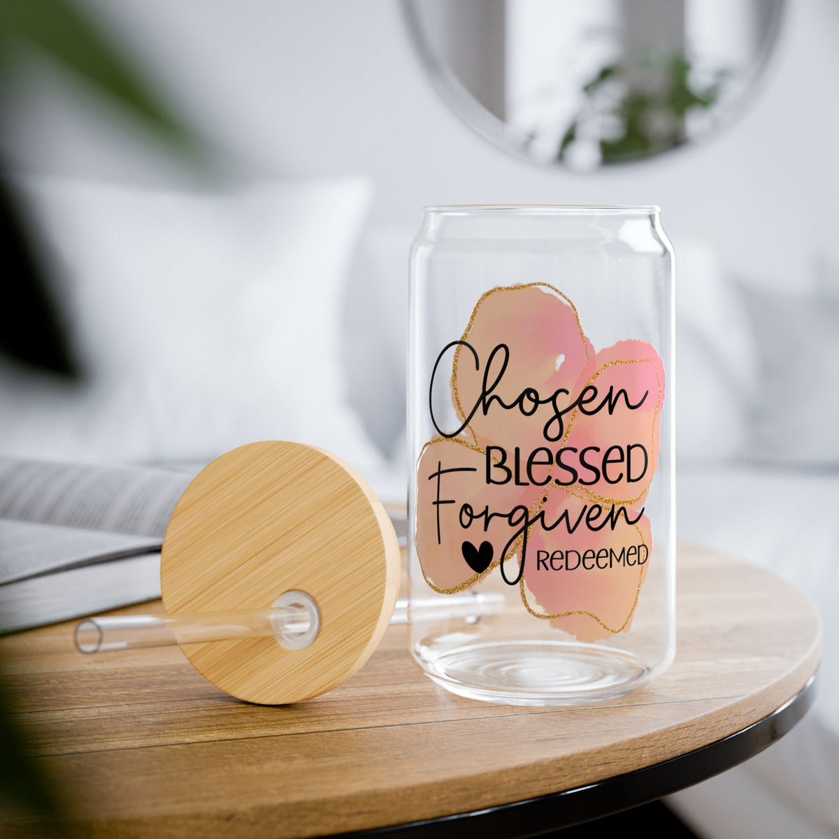 Chosen • Blessed • Forgiven Christian Tumbler Sipper Glass 16oz — Reusable Drink Jar with Lid & Straw