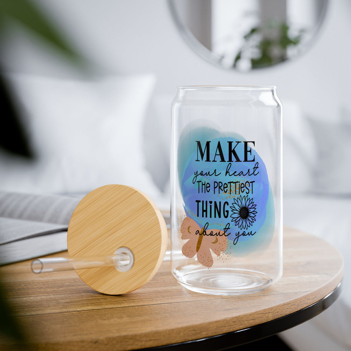 Make Your Heart the Prettiest Thing Inspirational Tumbler Sipper Glass 16oz — Reusable Drink Jar with Lid & Straw - Sydney So Sweet