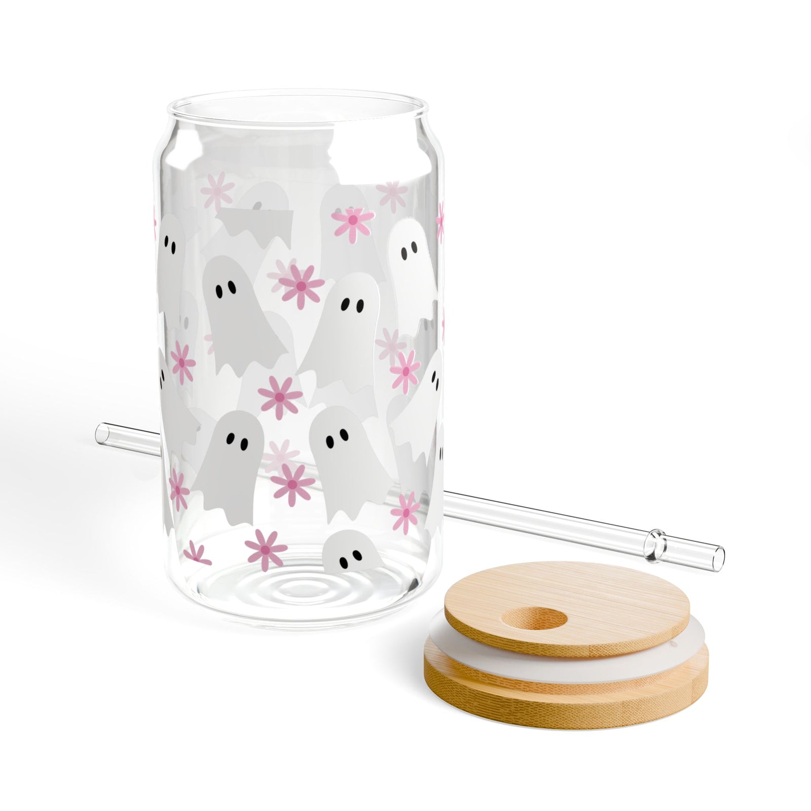 Boho Ghosts & Flowers Halloween Sipper Glass 16oz Reusable Drink Jar with Lid & Straw