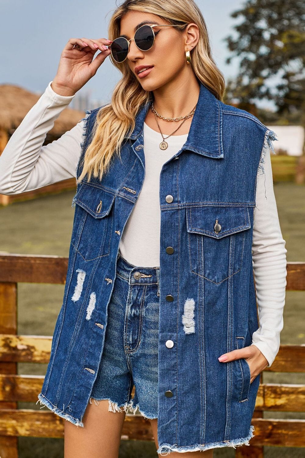 Sleeveless Button-Up Collared Denim Top with Pockets - Sydney So Sweet