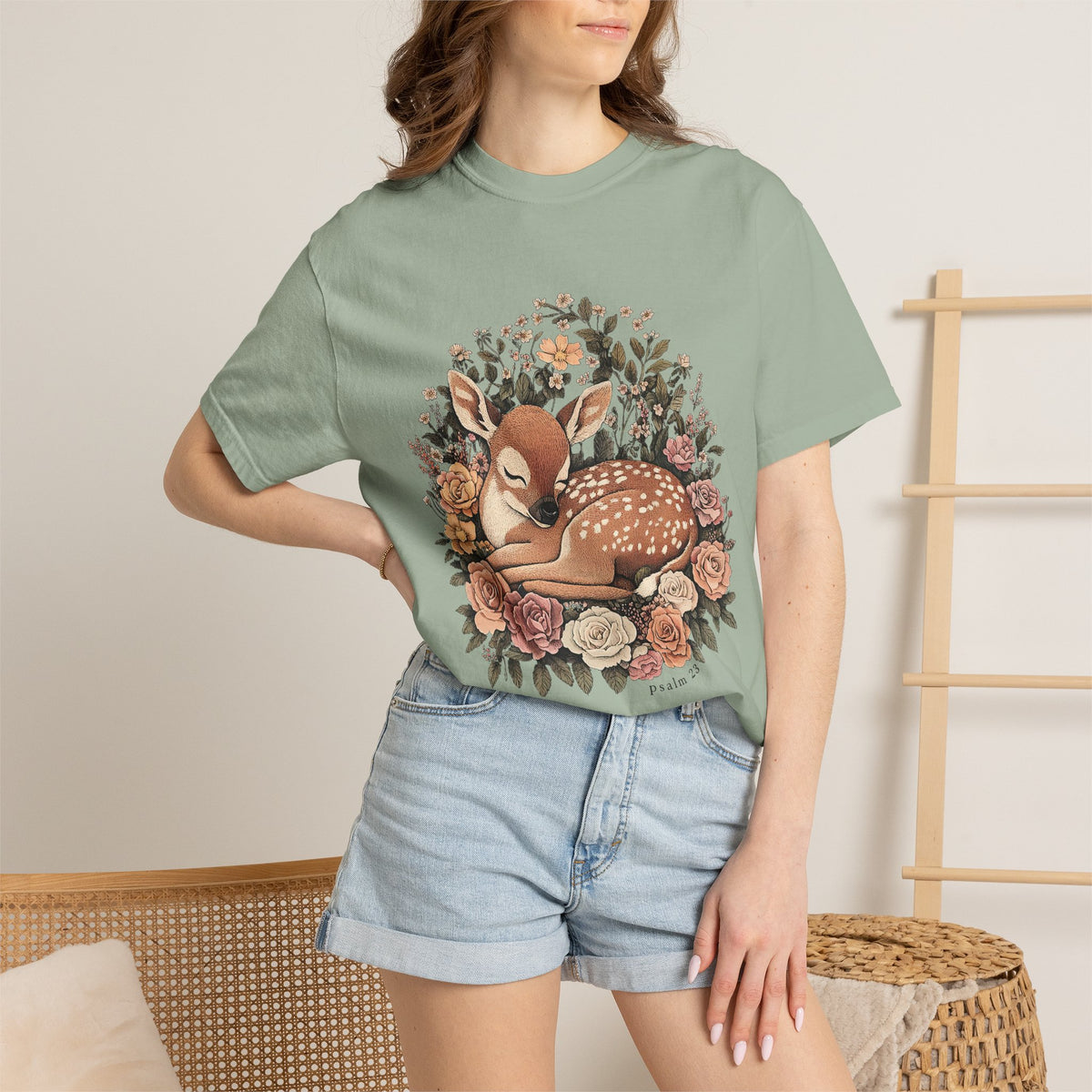 Sleeping Fawn Floral T-Shirt Psalm 23 Inspirational Christian Tee