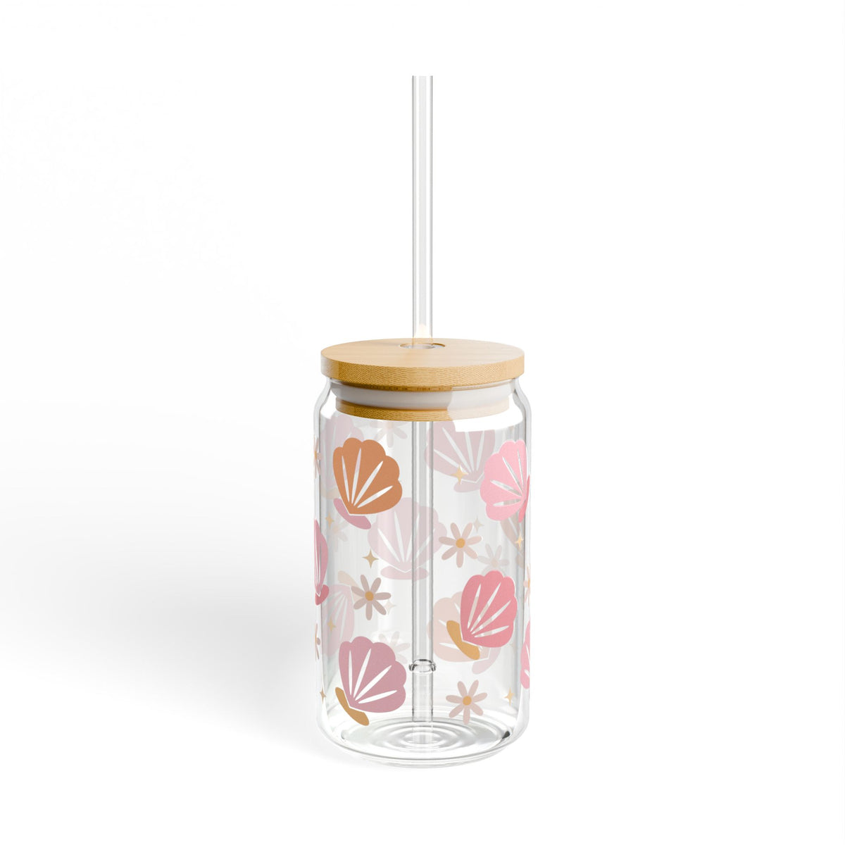 Floral & Seashell Pink Sipper Glass 16oz — Reusable Drink Jar with Lid & Straw