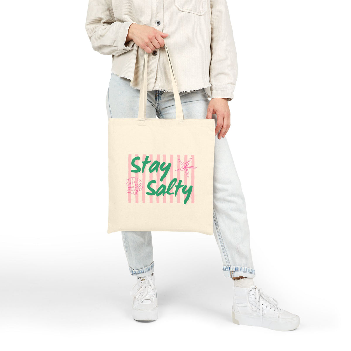 Stay Salty Cotton Canvas Pink Stripe Starfish Tote Bag