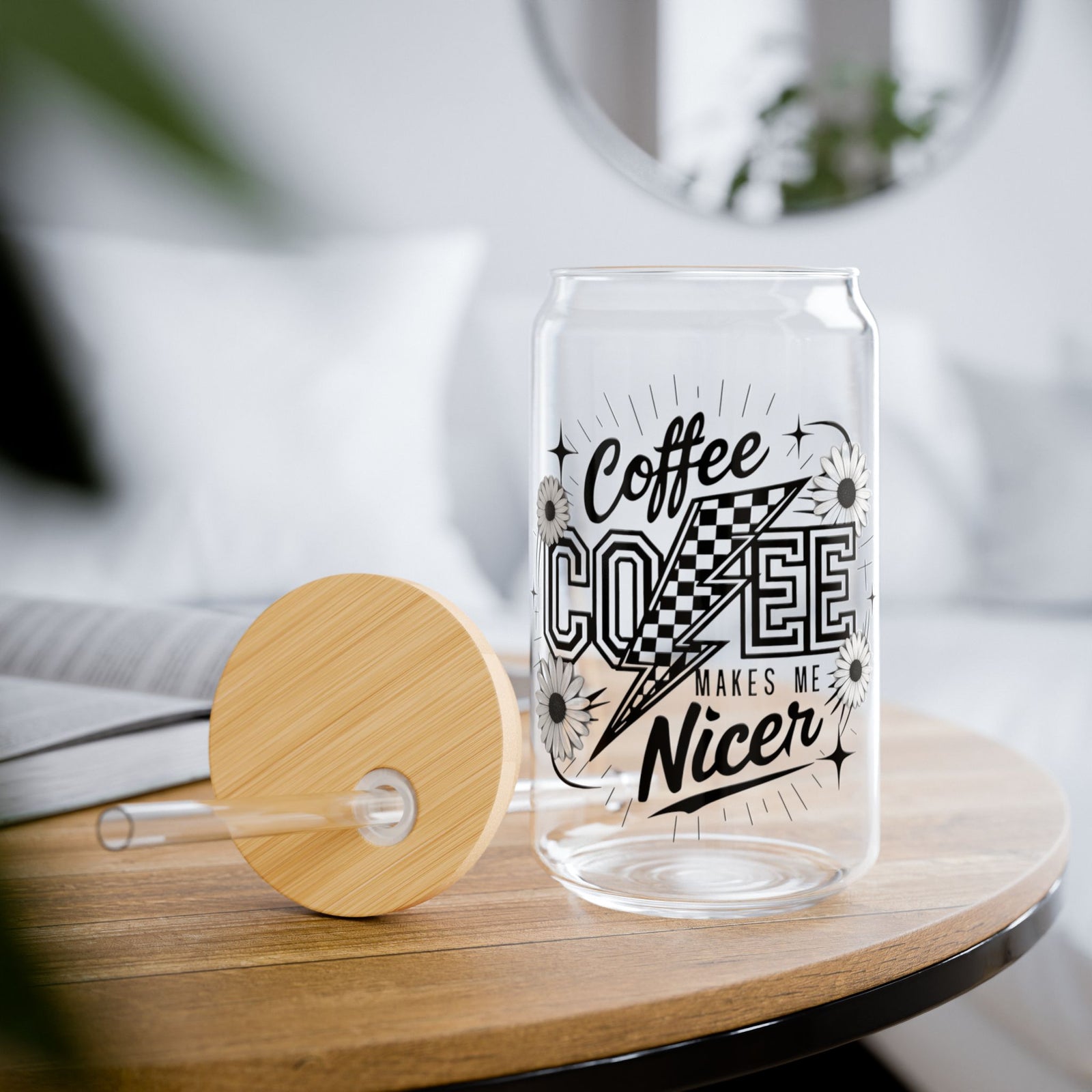 Coffee Makes Me Nicer Retro Sipper Glass 16oz Reusable Drink Jar with Lid & Straw