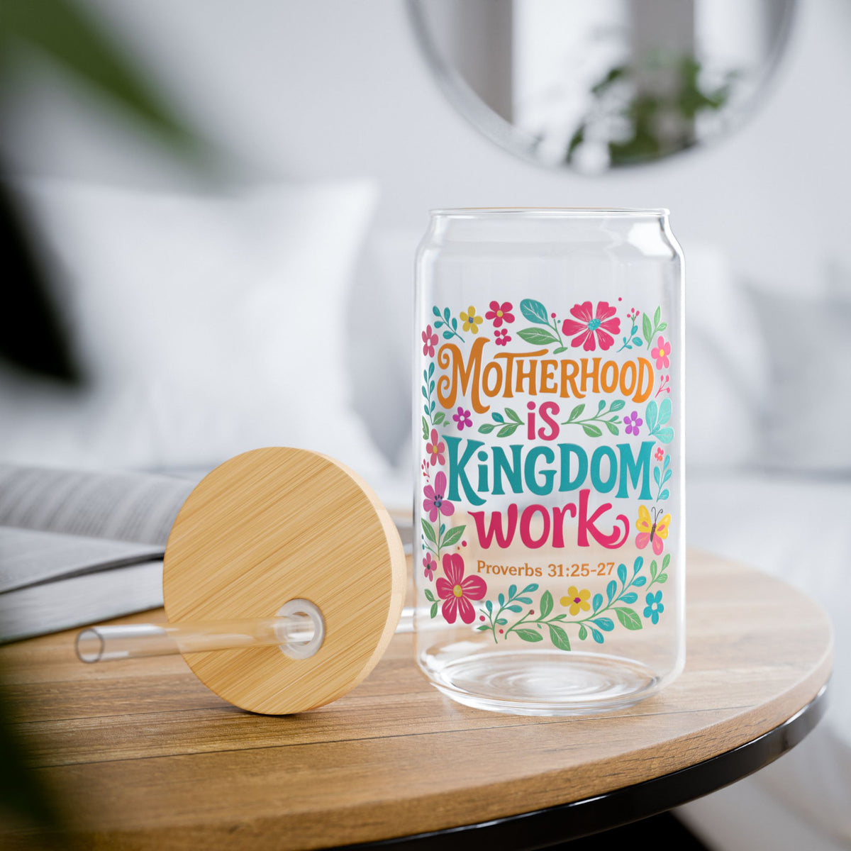 Motherhood Is Kingdom Work Sipper Glass 16oz Reusable Drink Jar with Lid & Straw