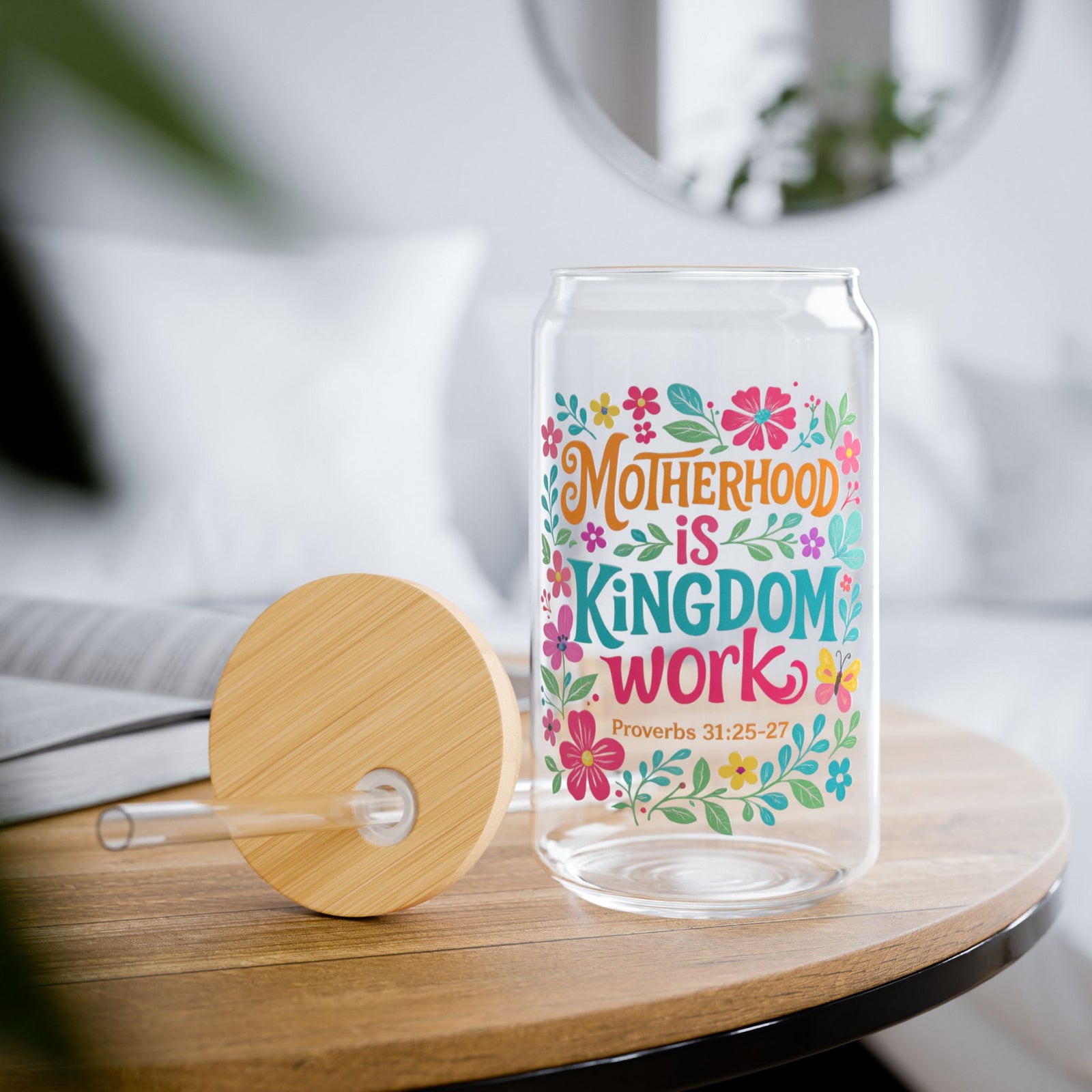 Motherhood Is Kingdom Work Sipper Glass 16oz Reusable Drink Jar with Lid & Straw
