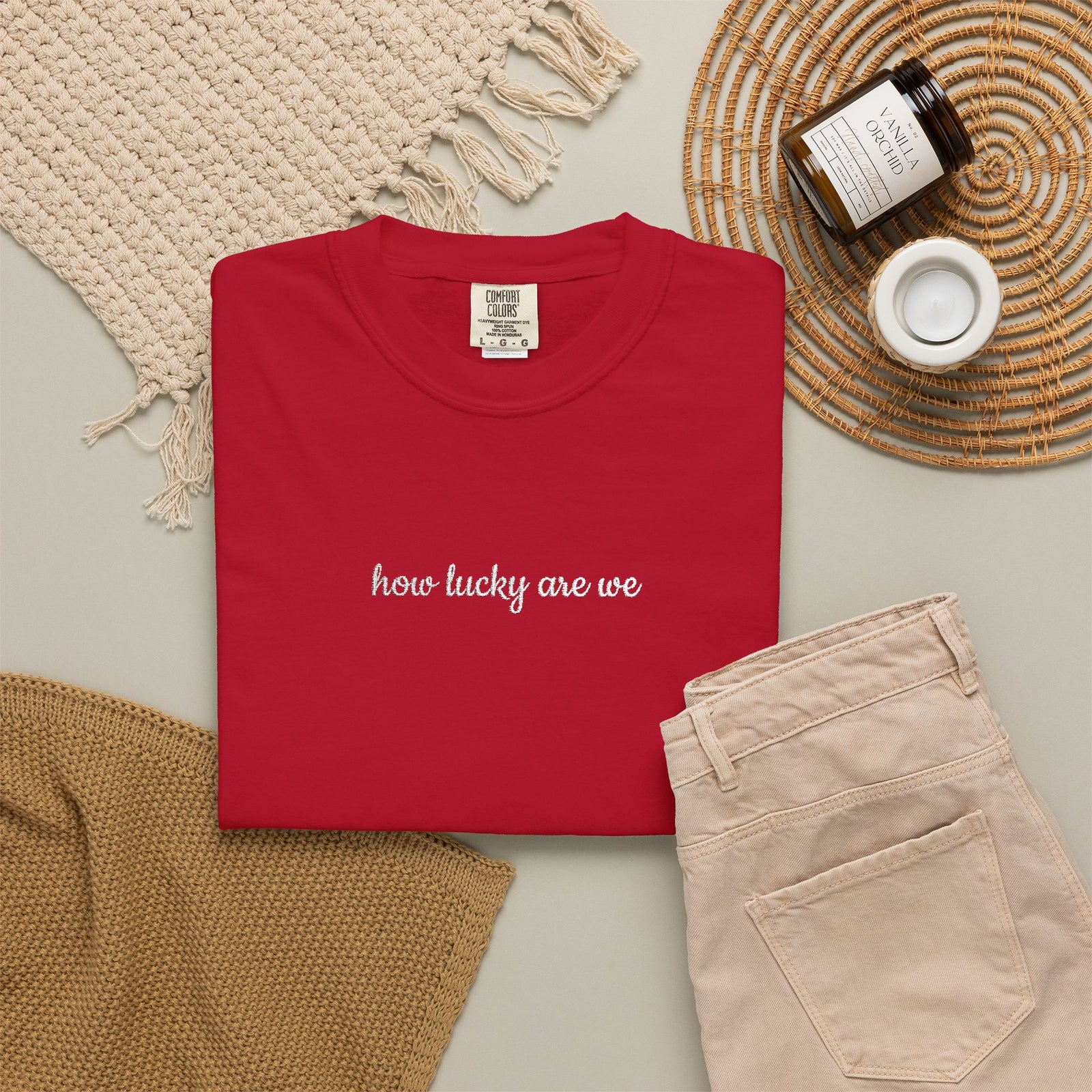 How Lucky are We Embroidered Script Tee Positivity T-Shirt