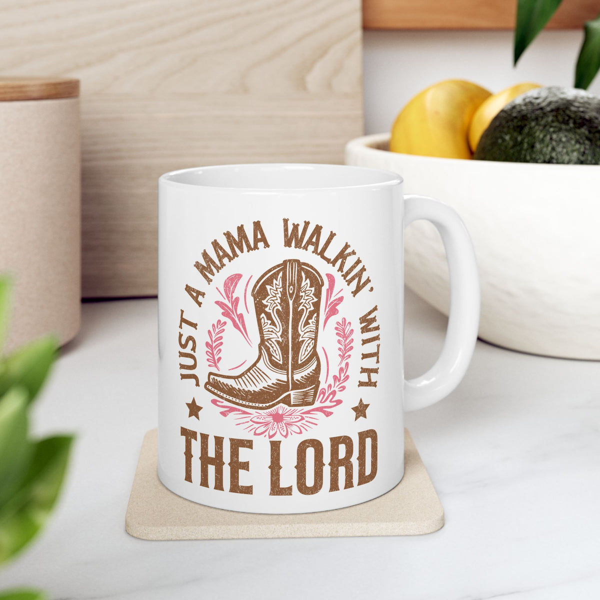 Just a Mama Walkin' with the Lord Cowgirl Boot Ceramic Mug Coffee Cup (11oz & 15oz)