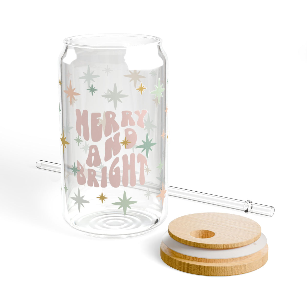 Merry & Bright Christmas Sipper Glass 16oz Reusable Drink Jar with Lid & Straw