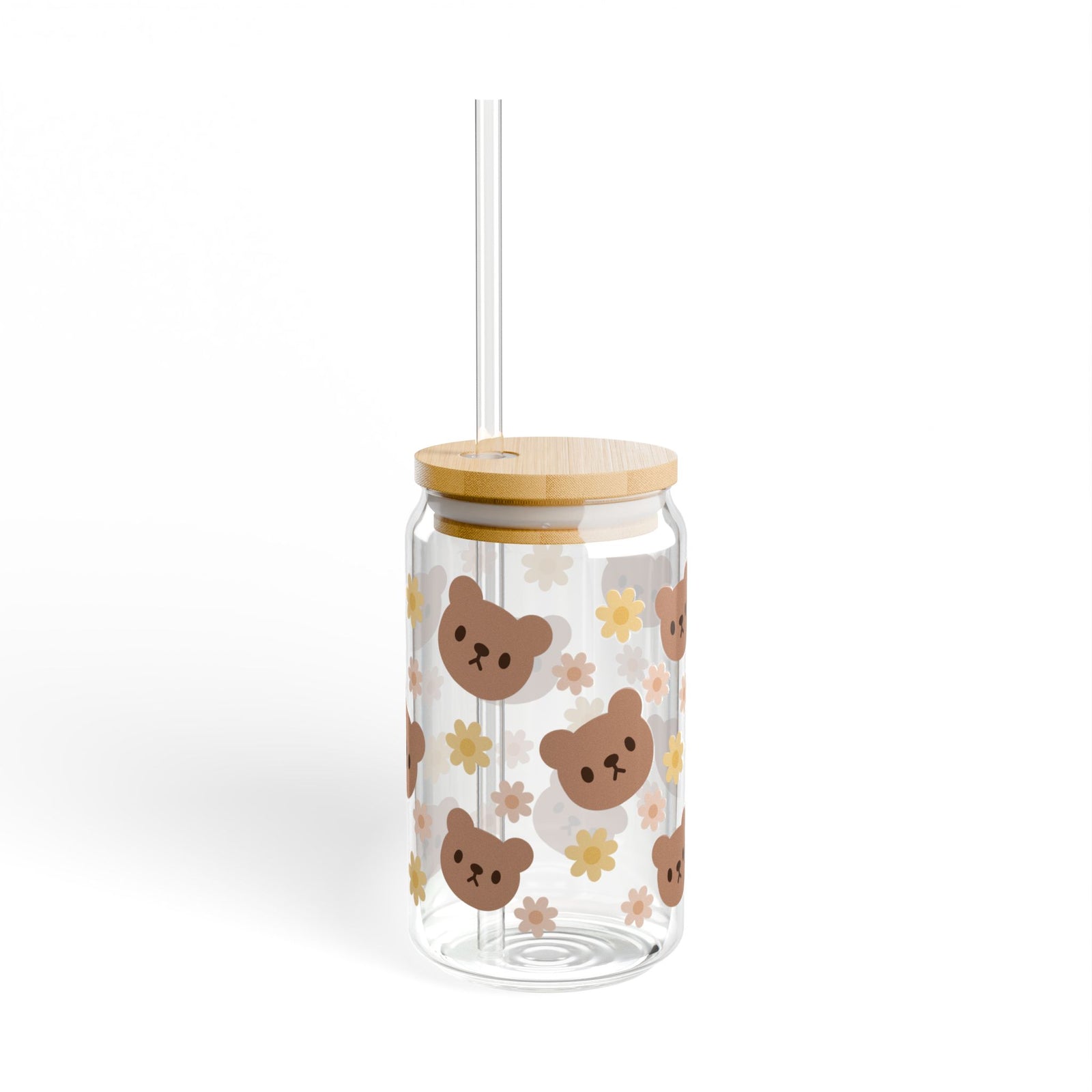 Teddy Bear Daisy Tumbler Sipper Glass 16oz — Reusable Drink Jar with Lid & Straw - Sydney So Sweet