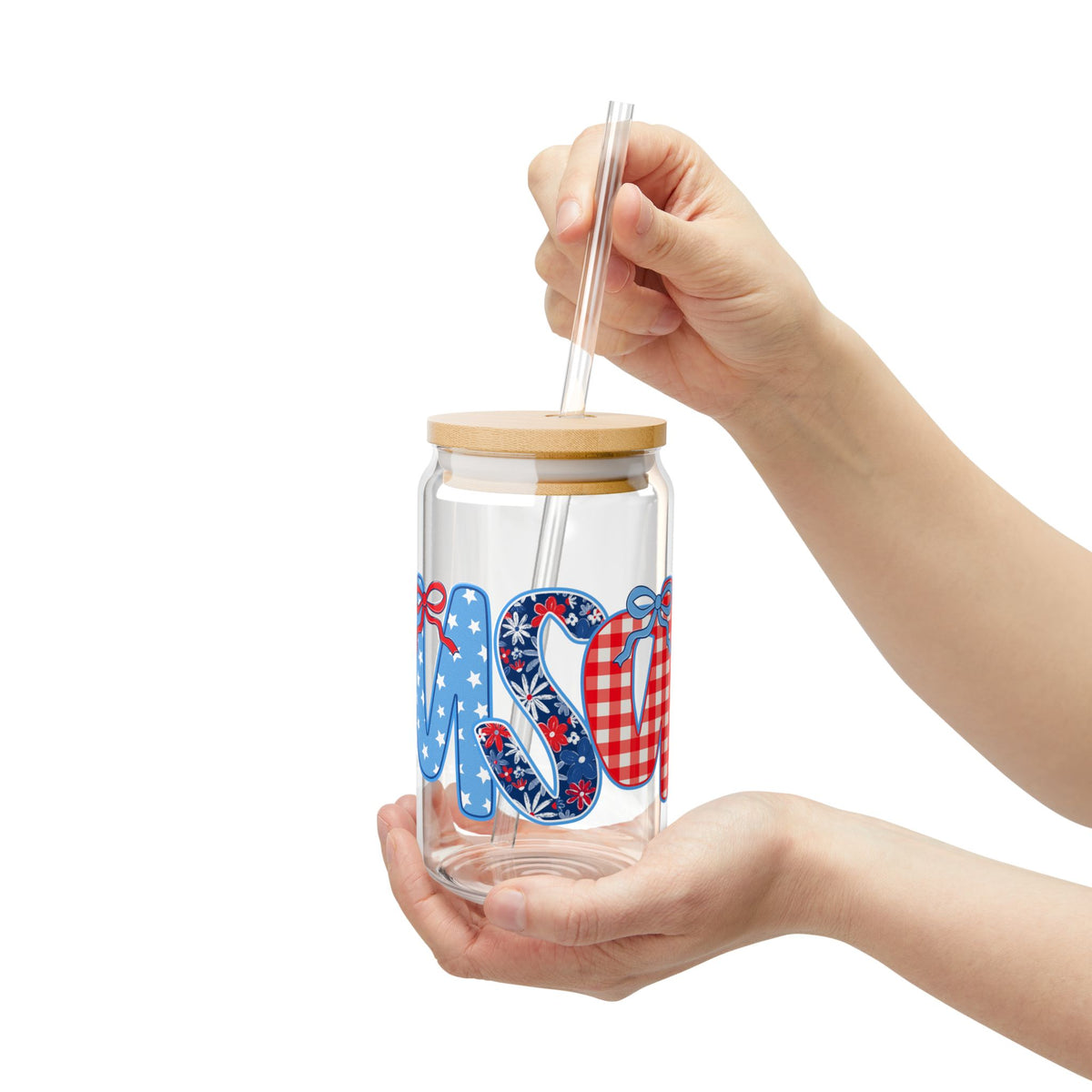 Patriotic USA Sipper Glass 16oz Reusable Drink Jar with Lid & Straw