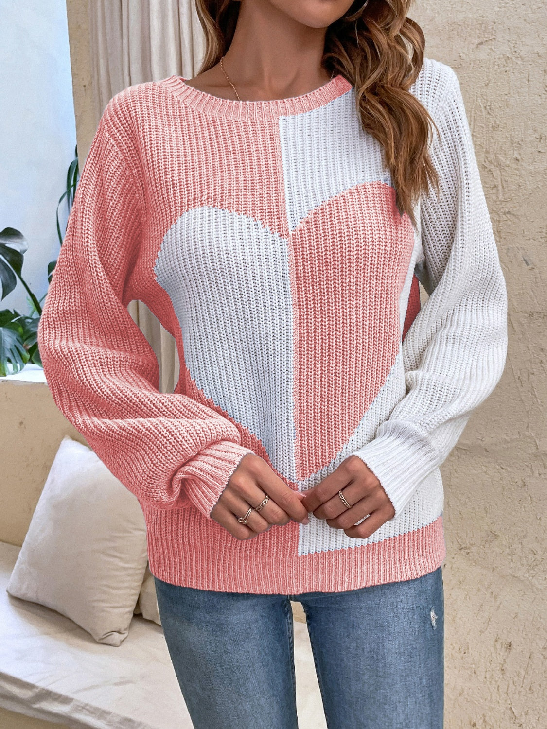 Contrast Heart Round Neck Long Sleeve Sweater - Sydney So Sweet