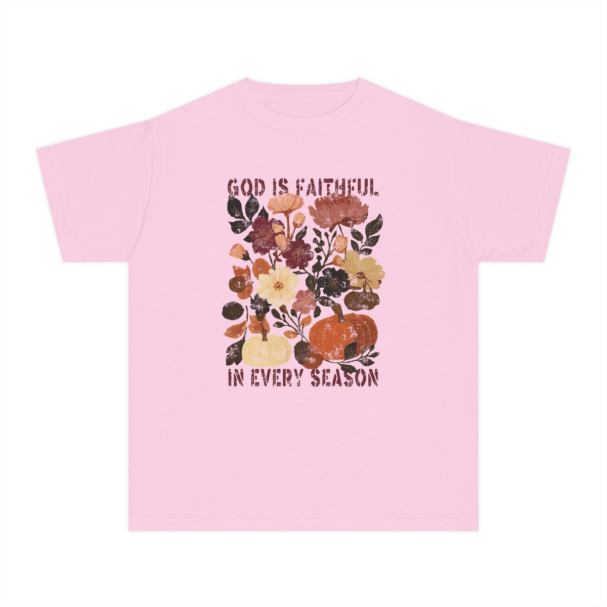 God is Faithful Floral Pumpkin T-Shirt Christian Distressed Fall Kids Graphic Tee