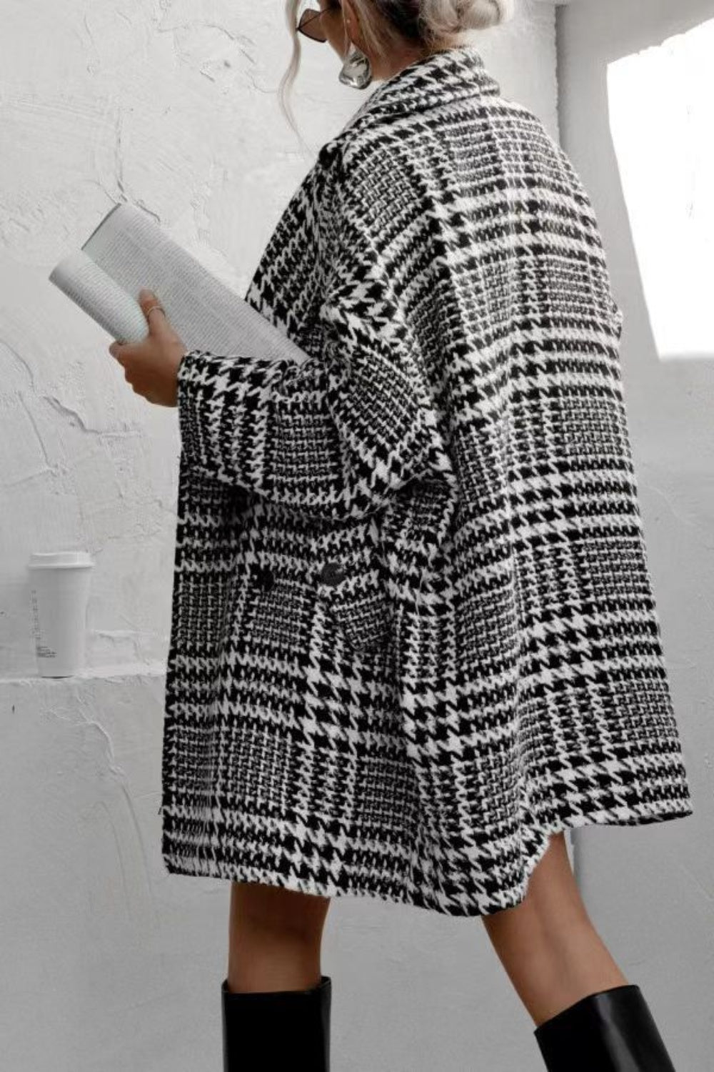 Houndstooth Collared Neck Long Sleeve Coat with Pockets - Sydney So Sweet