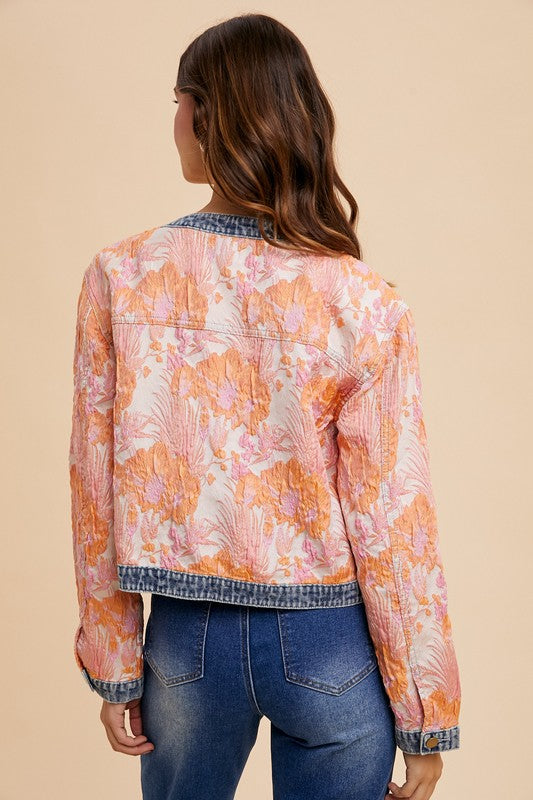 Annie Wear Floral Jacquard Denim Contrast Button Down Jacket - Sydney So Sweet