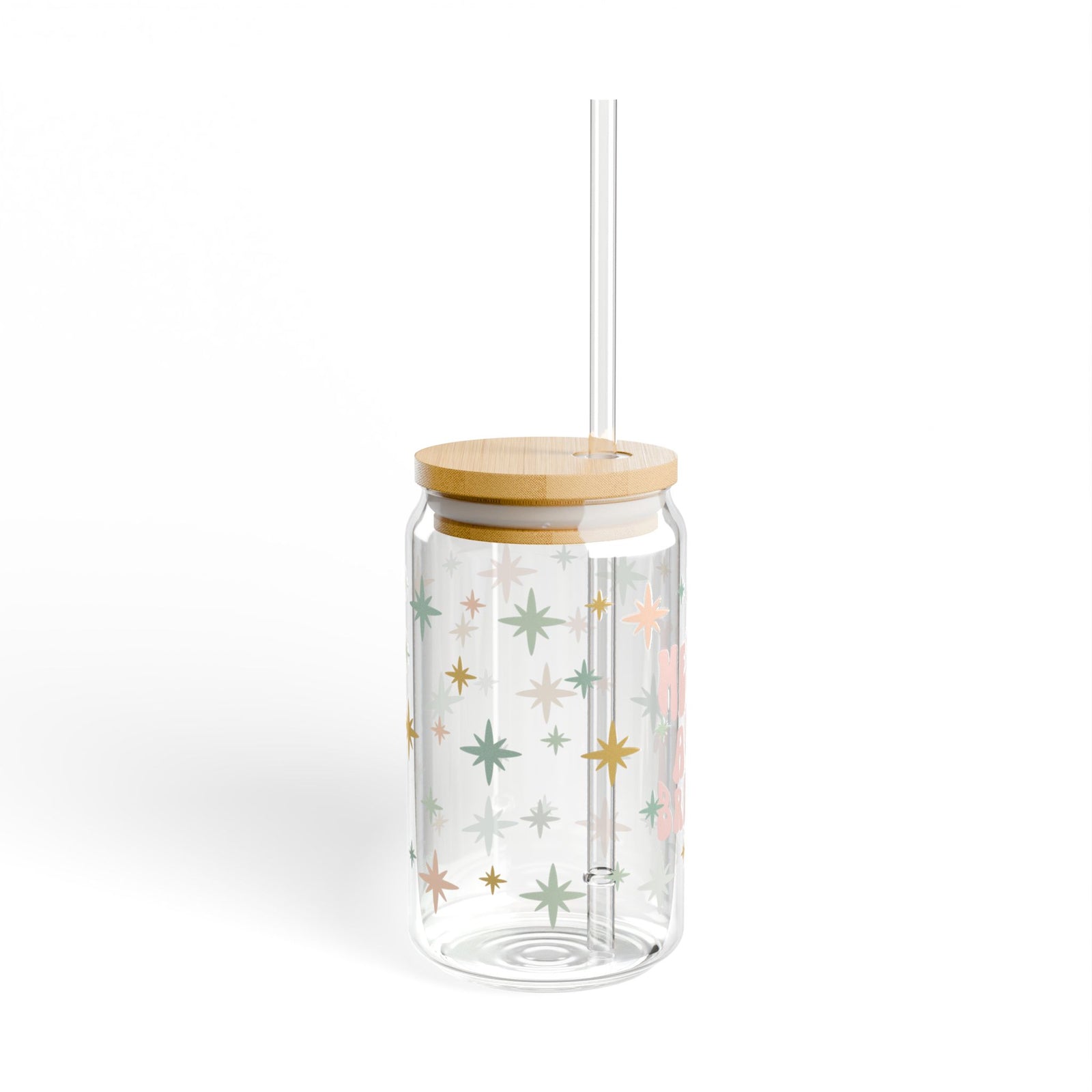Merry & Bright Christmas Sipper Glass 16oz Reusable Drink Jar with Lid & Straw