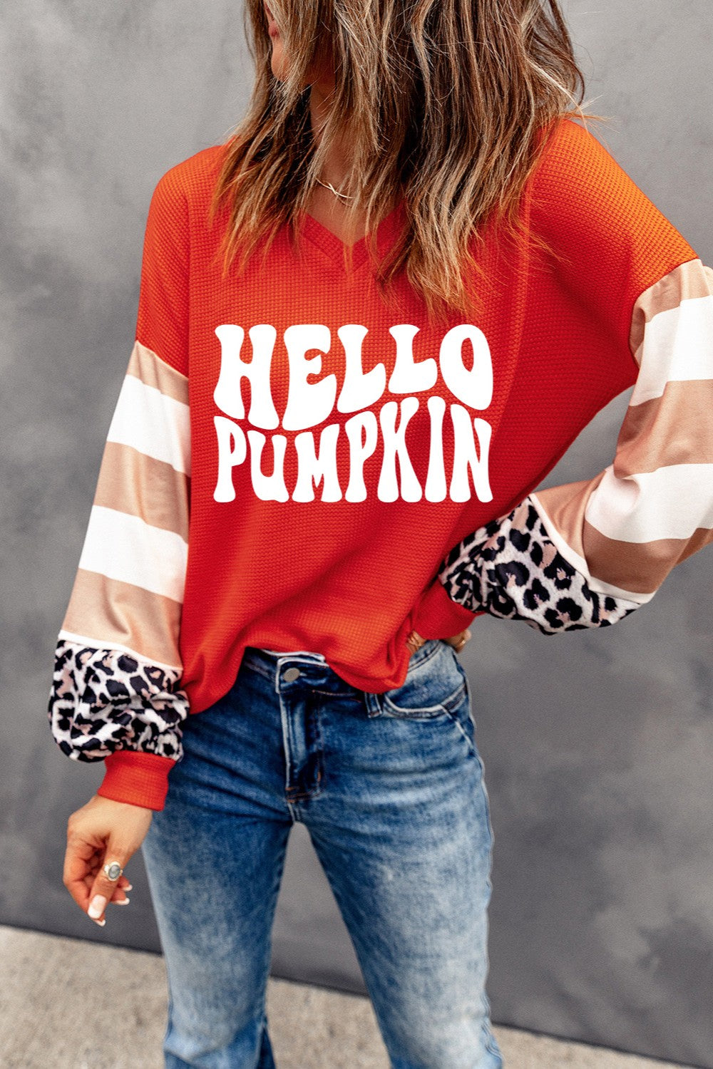 Hello Pumpkin Women's Leopard Graphic V-Neck Long Sleeve Top - Sydney So Sweet