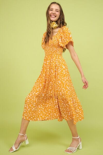 Mittoshop Flower Print Flutter Sleeve Smocked Midi Dress - Sydney So Sweet